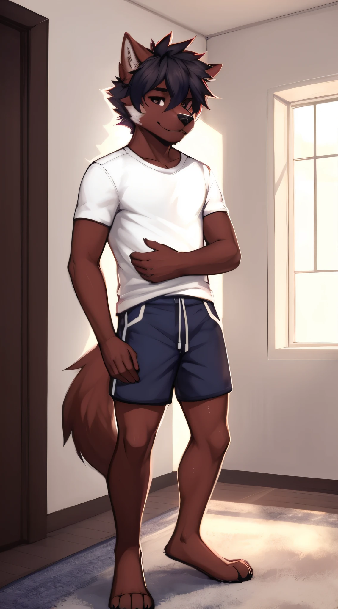 by zackary911, zackary911, wolf, antrum, 30-year-old male, male, solo, black hair, background indoors, white shirt, standing, (reddish brown skin: 1.2), small muscles, smiling, black eyes, perfectly detailed eyes, extremely detailed body, perfectly detailed paws, black nose, perfectly detailed hands, navy blue shorts, perfectly detailed face, paws, tail, perfectly detailed tail, ultra-detailed clothes, small muscles, short hair