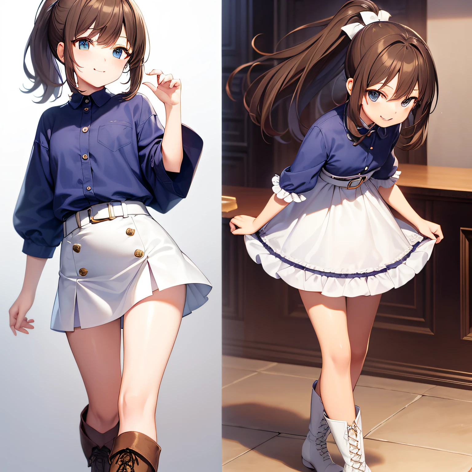 top quality, very delicate and beautiful, girl, 11 years old, (dark brown hair), blue clothes with vertical buttons, belt at the waist, white skirt, (ponytail)), (white hair band), (brown boots), blue eyes, standing, smile,
