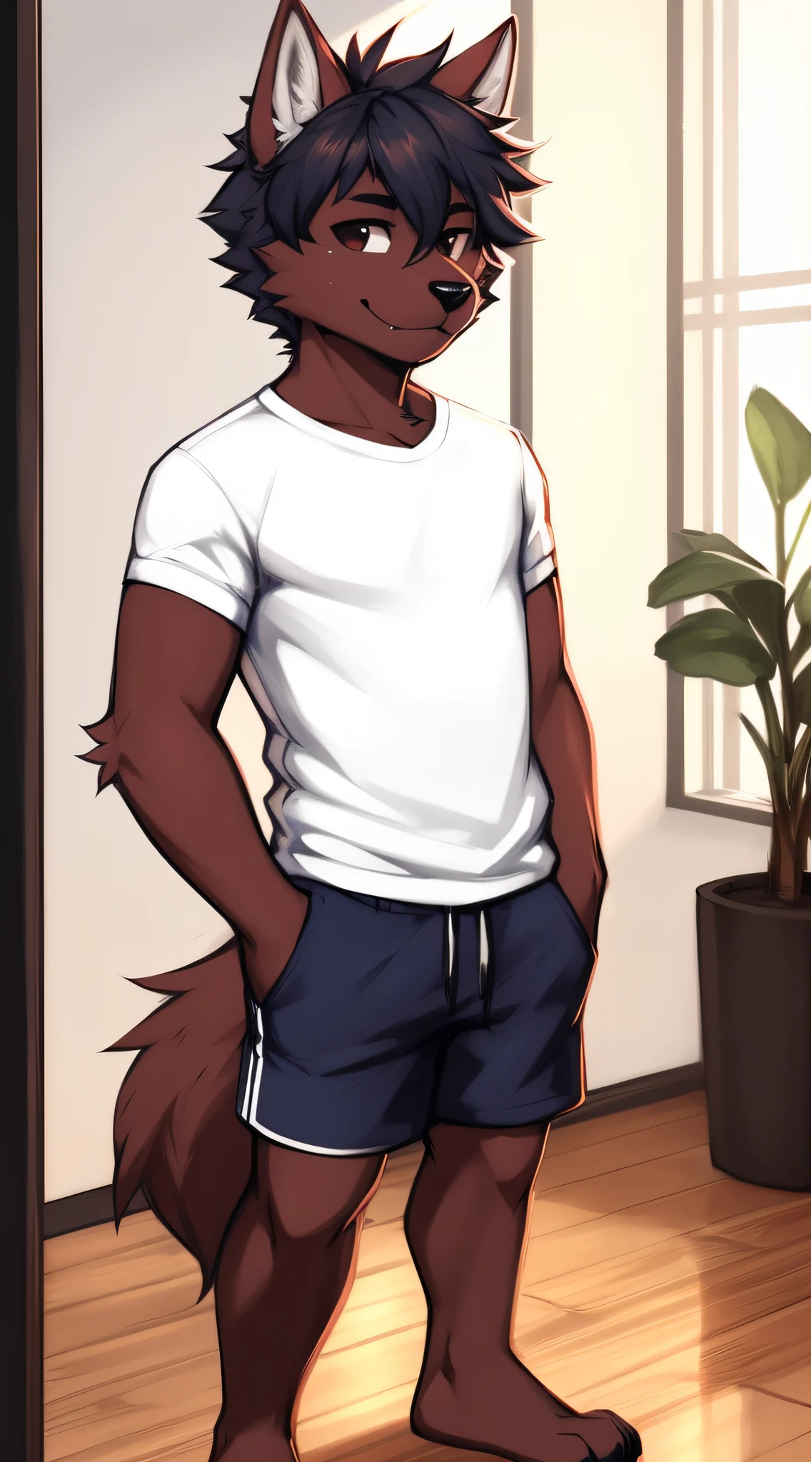 by zackary911, zackary911, wolf, antrum, 30-year-old male, male, solo, black hair, background indoors, white shirt, standing, (reddish brown skin: 1.2), small muscles, smiling, black eyes, perfectly detailed eyes, extremely detailed body, perfectly detailed paws, black nose, perfectly detailed hands, navy blue shorts, perfectly detailed face, paws, tail, perfectly detailed tail, ultra-detailed clothes, small muscles, short hair