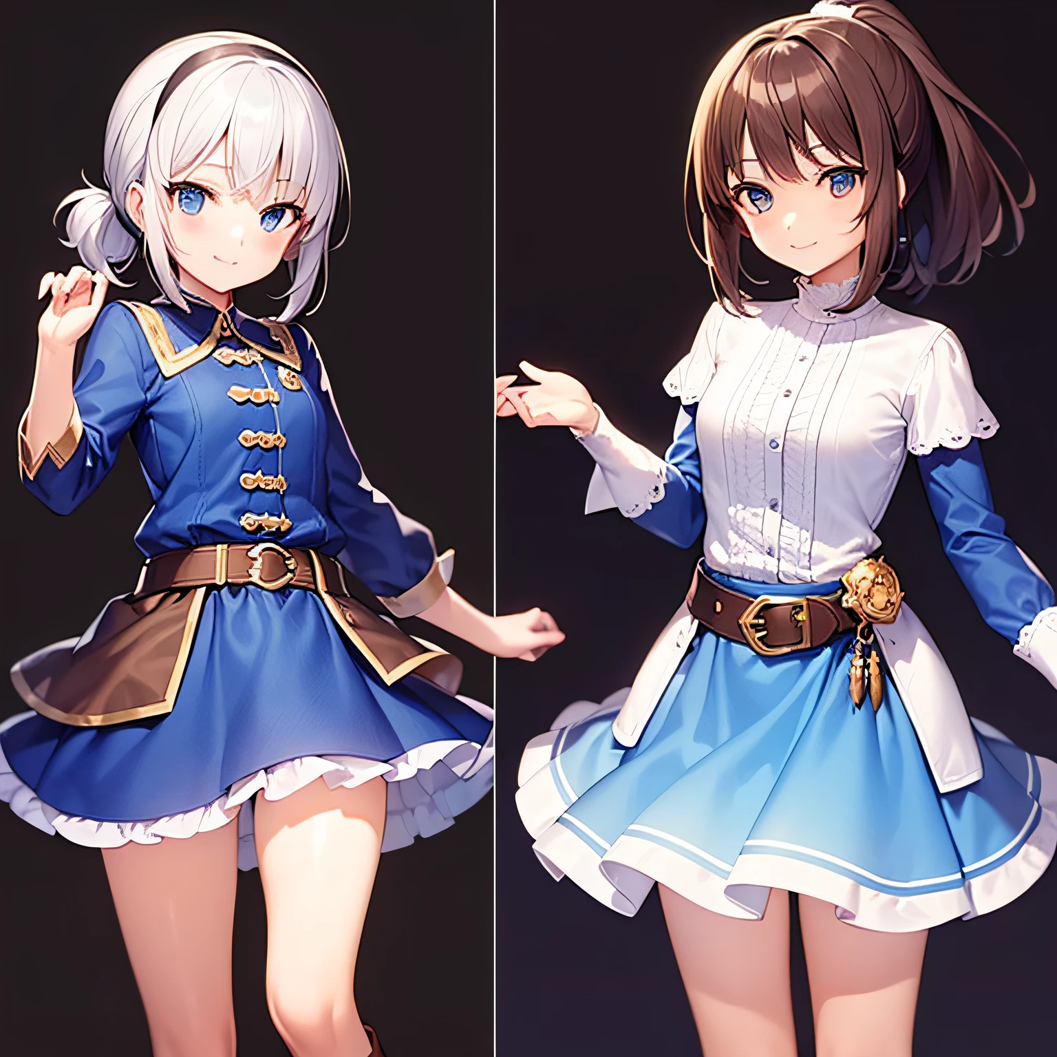 top quality, very delicate and beautiful, girl, 11 years old, (dark brown hair), blue clothes with vertical buttons, belt at the waist, white skirt, (ponytail)), (white hair band), (brown boots), blue eyes, standing, smile,