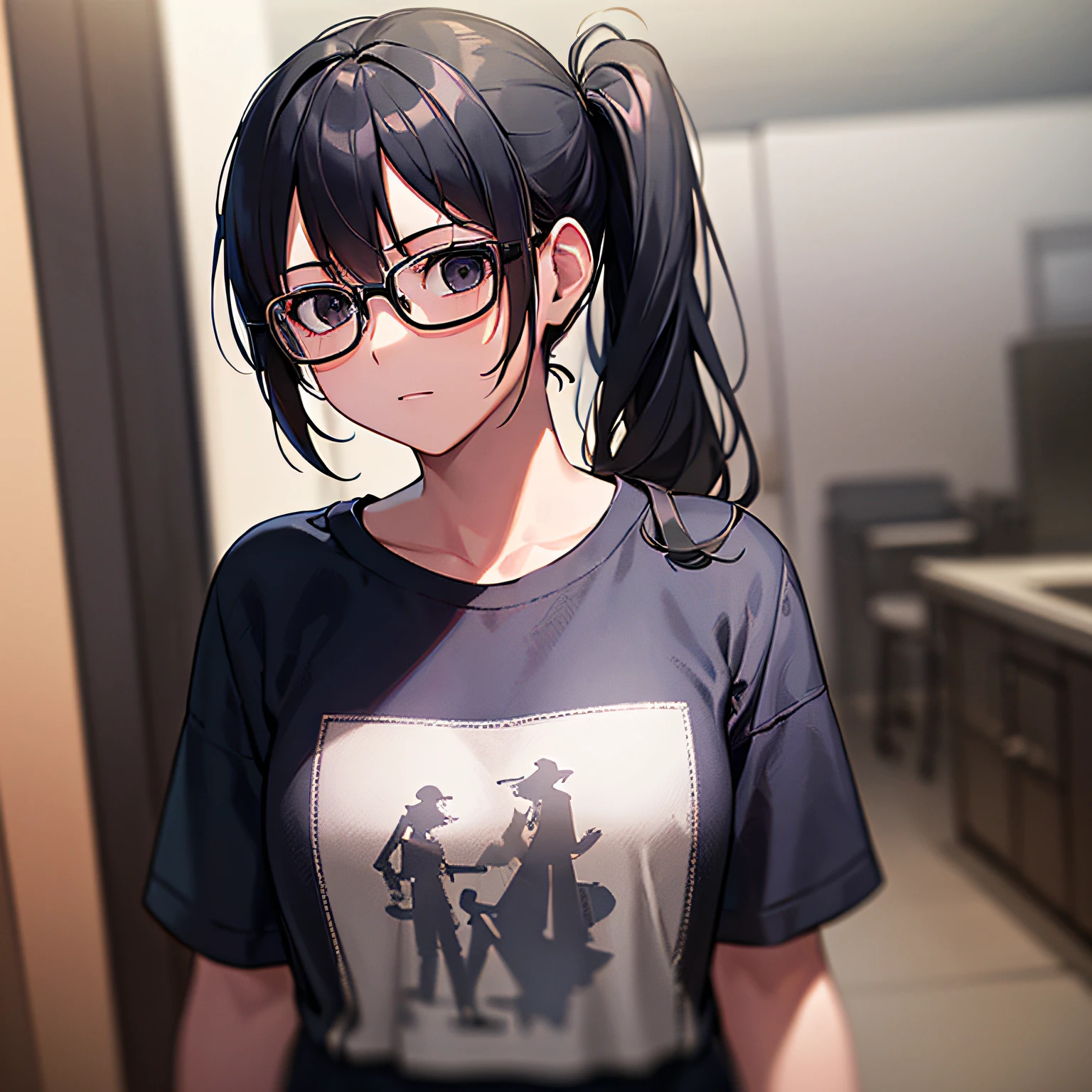 ((Masterpiece, Top Quality, Detail)), Super Detailed, Detailed Hair (Black Hair Long, Side Ponytail), Hard Rim Lighting, (Dramatic Lighting)), Sharp Focus, 1 Girl, T-shirt, Jeans, Small (Petanko), Standing (Facing Front), Full Body, Black-rimmed Glasses, Black Eyes with Light