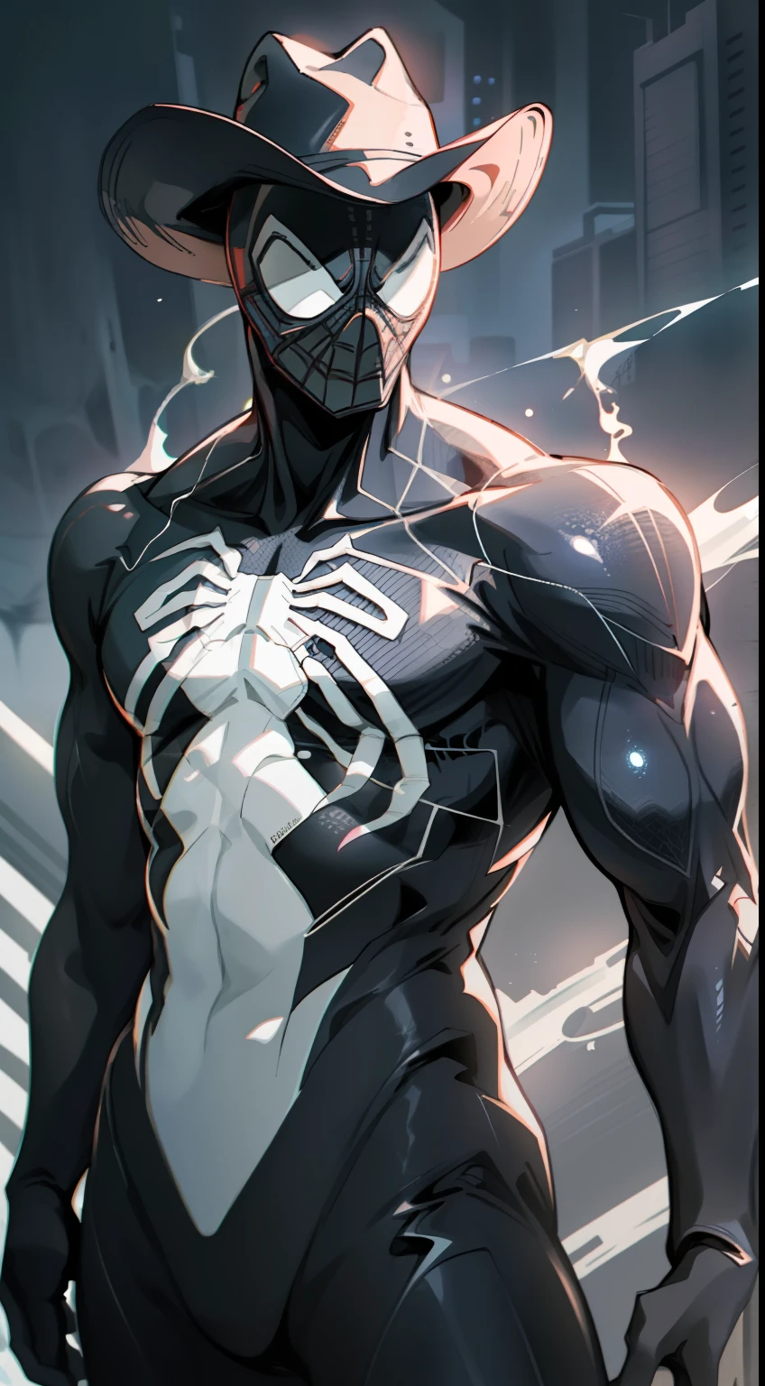 spider man in a black suit with spider in the center of his chest in white, organic-looking outfit, a cowboy hat, gooey forehead, symbiote, cinematic scene, highly detailed, cinematic rendering, ultra photorealistic raytricing, with cinematic lighting