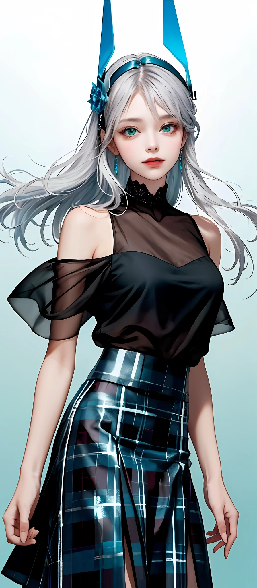 Happy face, square neck, 1girl, (masterpiece:1.1), (white 
see-through-blouse:1.1) (best quality:1.1), (plaid skirt:1.1), high-waisted long skirt, BREAK [blue:pink:0.5] theme, (gradient background: 1.1 ), cowboy shot, break silver hair, long hair,, green eyes, delicate headgear