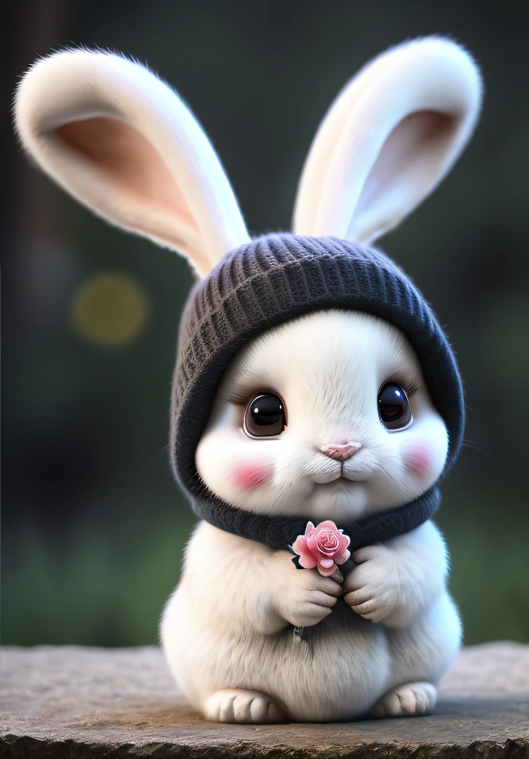 bunny, blur, bunny, flower, nature, no_humans, depth of field, to8contrast style, DARK_Glam, wearing DRK_Glam, deep shadows, (dark: 1.4), (8k, RAW photo, best quality, masterpiece: 1.2)