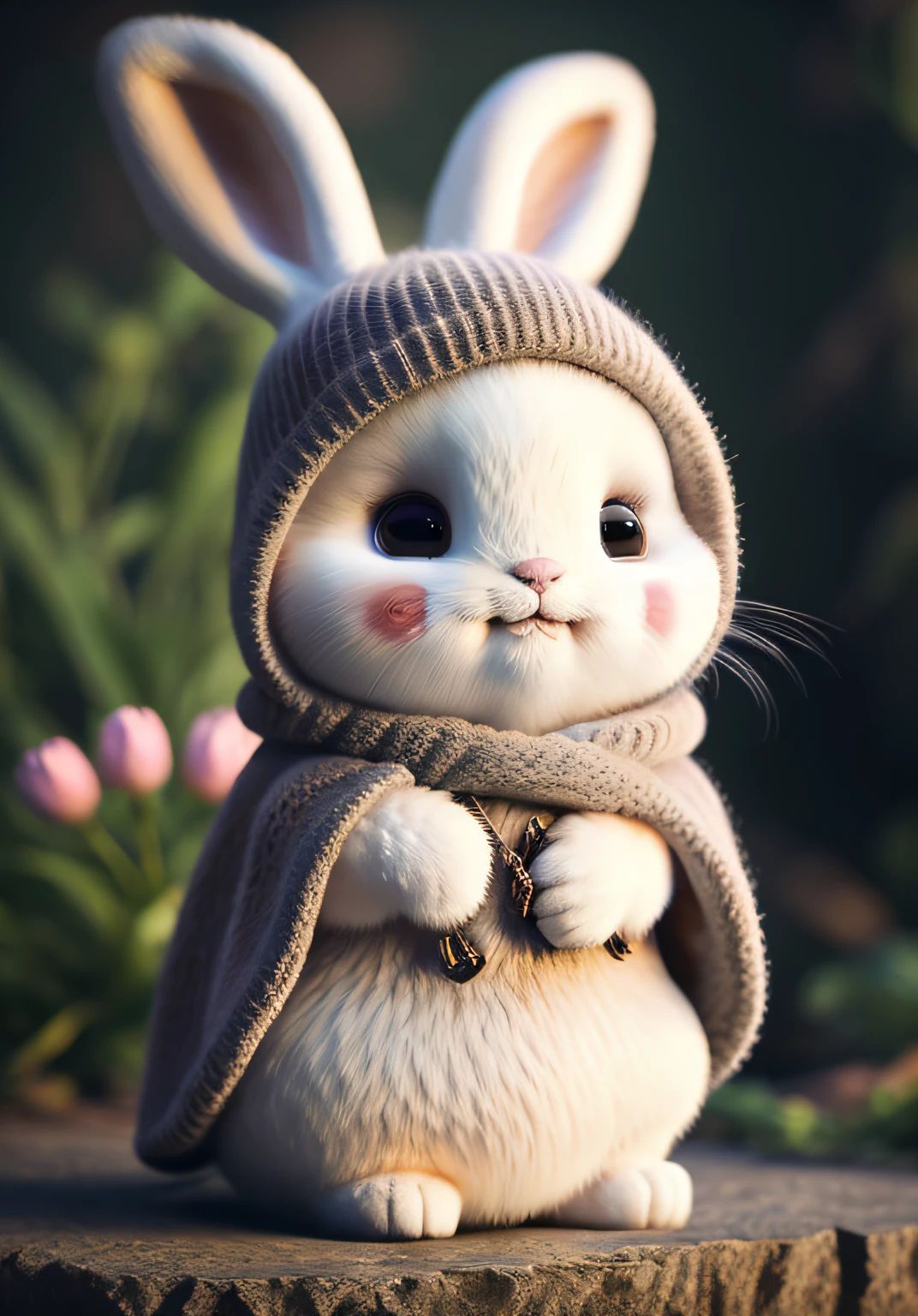 bunny, blur, bunny, flower, nature, no_humans, depth of field, to8contrast style, DARK_Glam, wearing DRK_Glam, deep shadows, (dark: 1.4), (8k, RAW photo, best quality, masterpiece: 1.2)