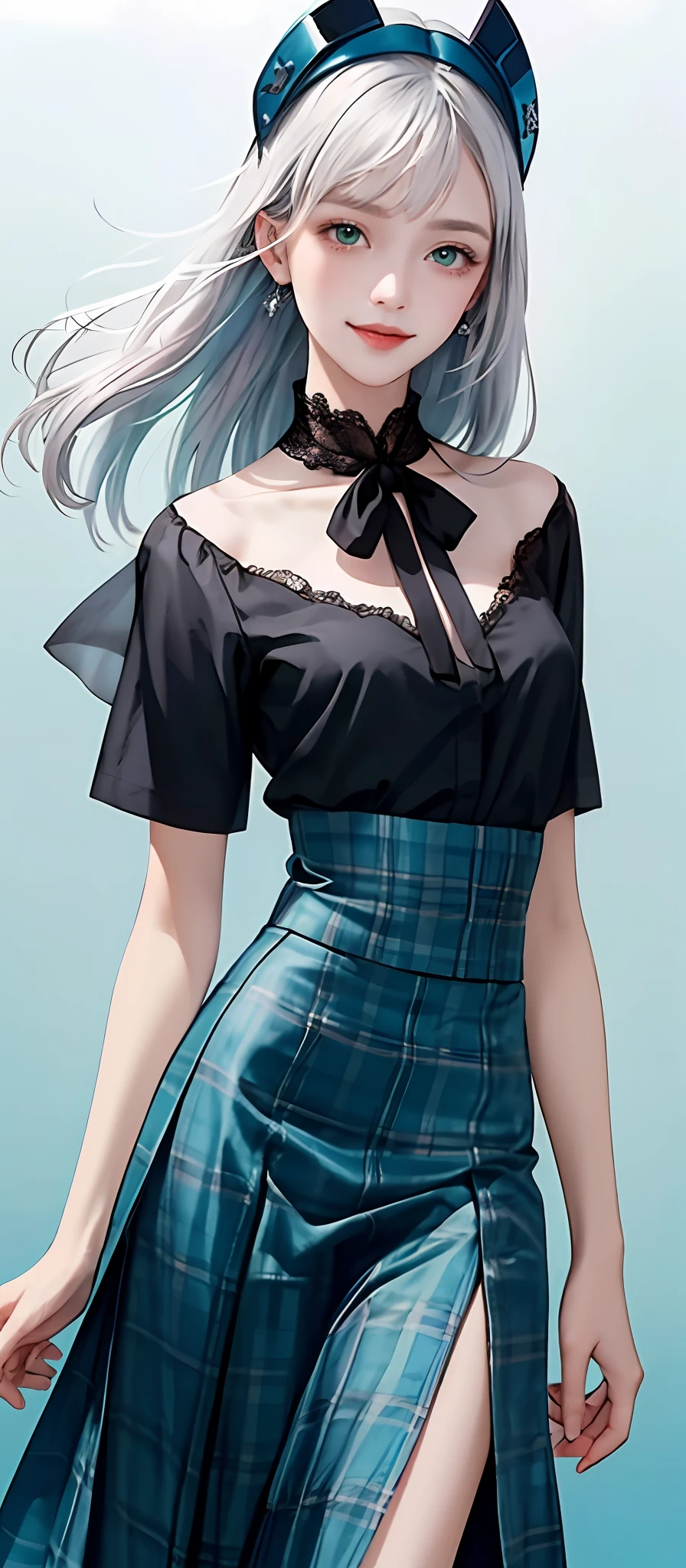 Happy face, square neck, 1girl, (masterpiece:1.1), (white 
see-through-blouse:1.1) (best quality:1.1), (plaid skirt:1.1), high-waisted long skirt, BREAK [blue:pink:0.5] theme, (gradient background: 1.1 ), cowboy shot, break silver hair, long hair,, green eyes, delicate headgear