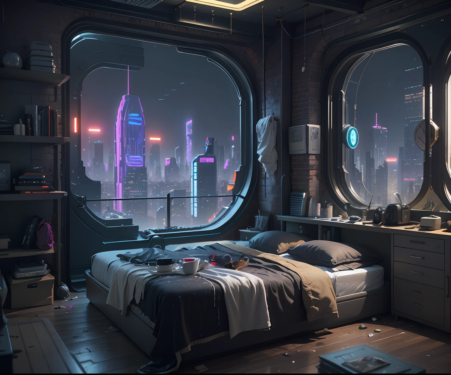 there is a bed with a city view in the background, bedroom at night with Tudor and revival influences, cyberpunk dreamscape, cyberpunk messy bedroom, cyberpunk steampunk bedroom, 3 d render beeple, the cyberpunk apartment, cyberpunk apartment, beeple rendering, arstation and beeple highly, in a cyberpunk themed room, in fantasy sci - fi city, inspired by Beeple