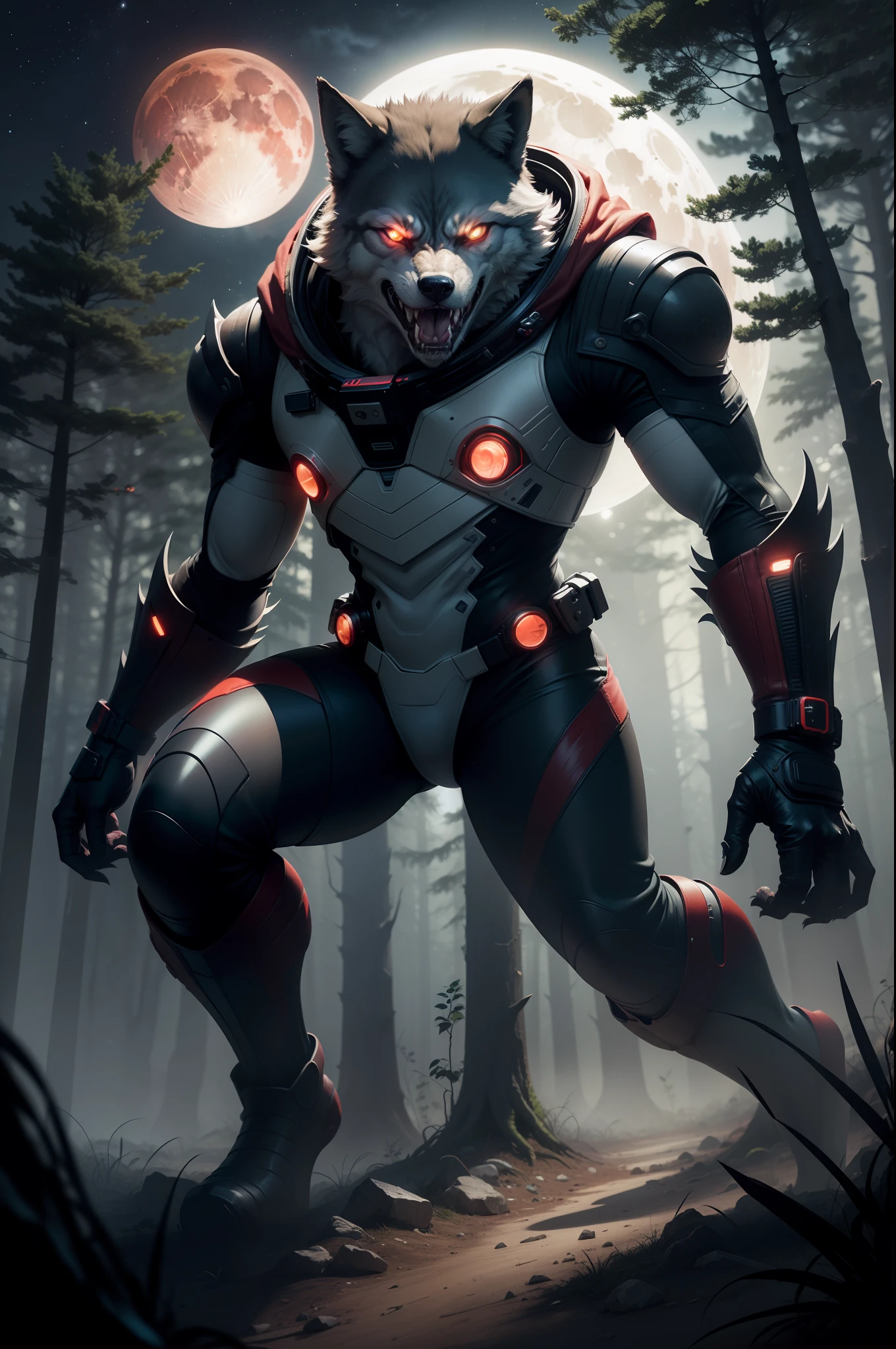 alien, werewolf, male, solo, wolf's head, dynamic ambush pose, fangs, open jaw, angry expression, white with red accents cyperpunk spacesuit with matching gloves and boots, pouncing, sharp claws, night time, forest backdrop, red moon, sci fi, horror lighting