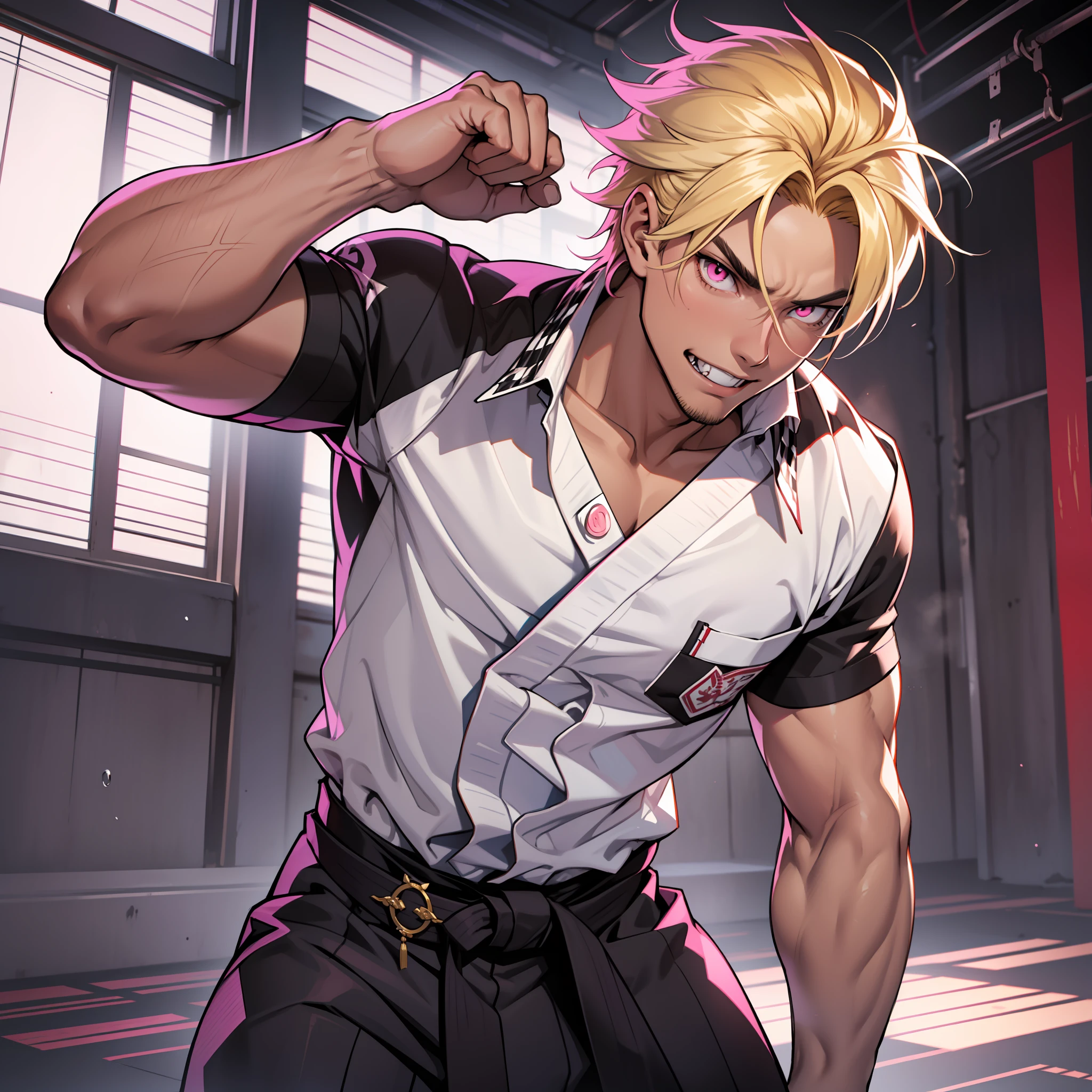 "A blonde boy with pointed hair dyed pink, dark skin, checkerboard checks on his tie, pink eyes, fangs, a serious look, wearing a Japanese martial artist costume."