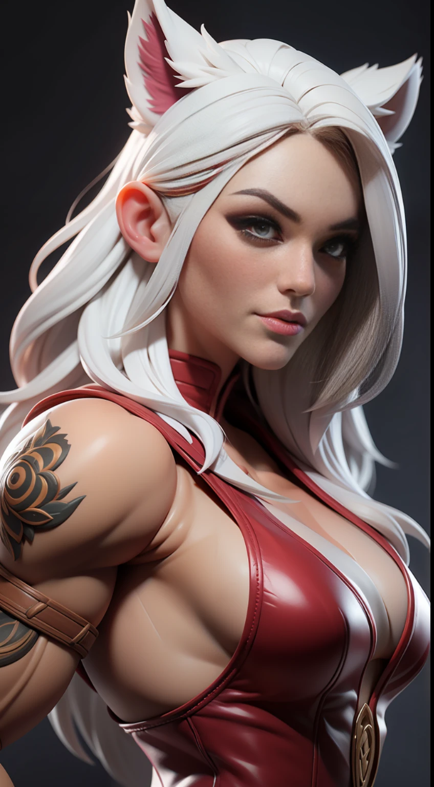 woman barbarian bodybuilder by milo manara, lovely, charming, enchanting, delightful, charmer by artgerm, wearing red panda fur, white hair, downward angle, glistening skin, natural lighting, ultra-detailed hyper realistic, insanely detailed and intricate, hyper maximalist, elegant, super detailed, dynamic pose, photo realistic, 3D render, ultra-detailed, ultra realistic, intricate details, 8K, Cinematic, ambient occlusion, volumetric lighting, high contrast