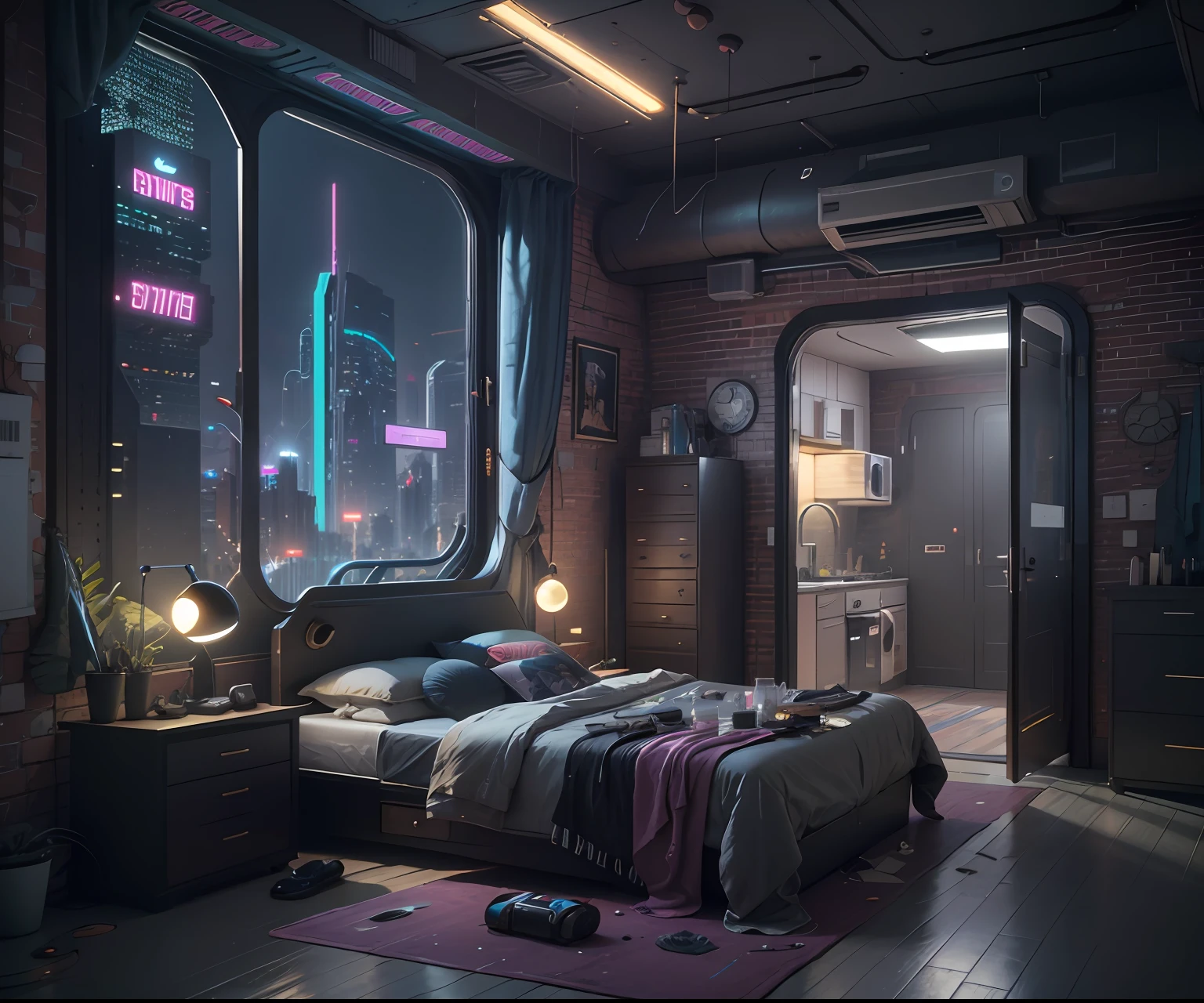 there is a bed with a city view in the background, bedroom at night with Tudor and revival influences, cyberpunk dreamscape, cyberpunk messy bedroom, cyberpunk steampunk bedroom, 3 d render beeple, the cyberpunk apartment, cyberpunk apartment, beeple rendering, arstation and beeple highly, in a cyberpunk themed room, in fantasy sci - fi city, inspired by Beeple