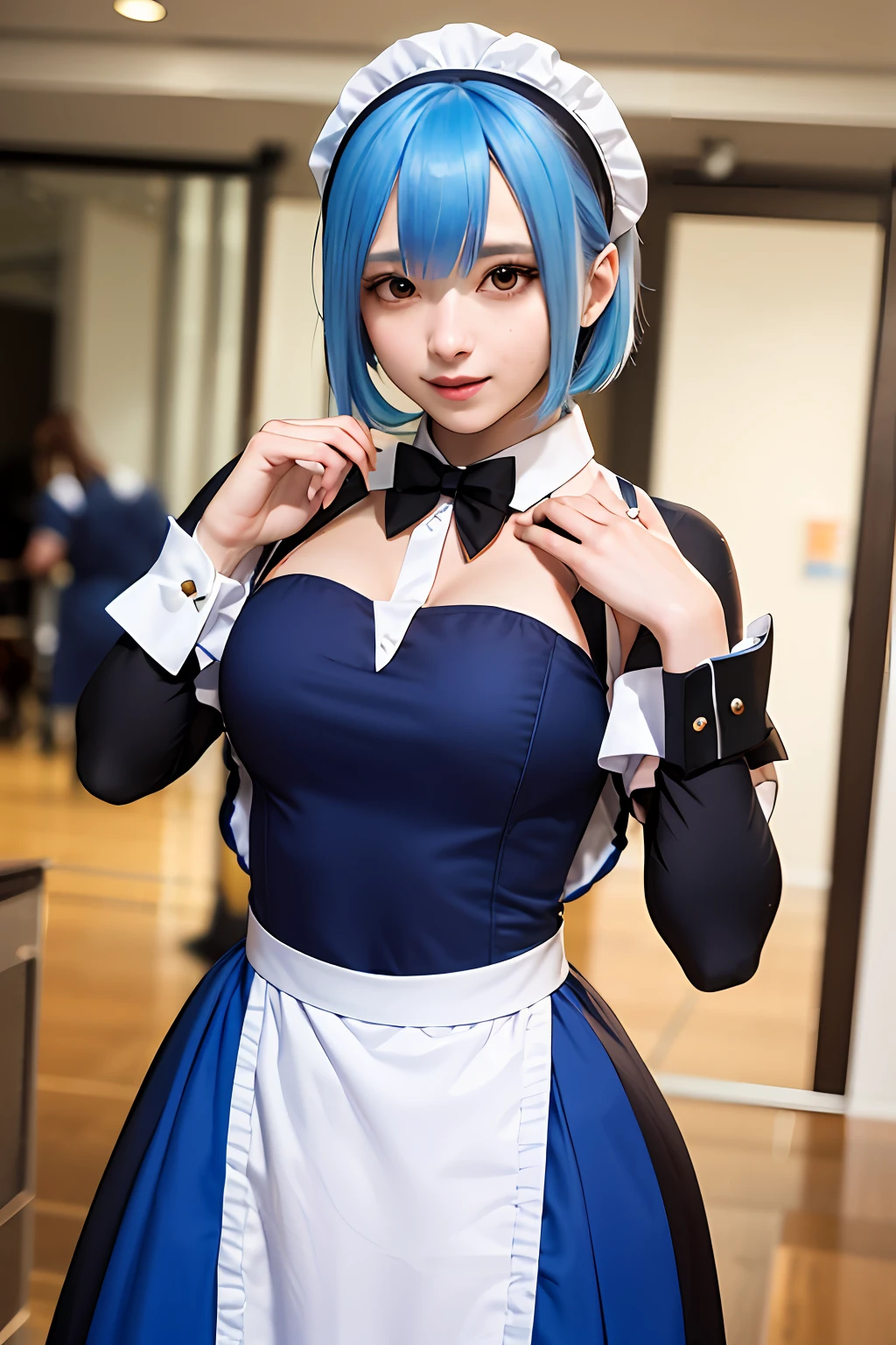 Laemuri Zero, Ultra Realistic 8K, Blue Haired Ala Fed Woman Dressed in Maid Clothes Posing for Photos, Anime Girl Cosplay, Dress, Loli, Anime Cosplay, Full Cosplay, Catboy Cosplay! Maid! dress, Cosplay photography, Cosplay, Cosplayer, Professional cosplay, Rei Ayanami, 2B, 2B, Anime girl in maid costume, Elegant glamorous cosplay, gorgeous maid, glamorous cosplay