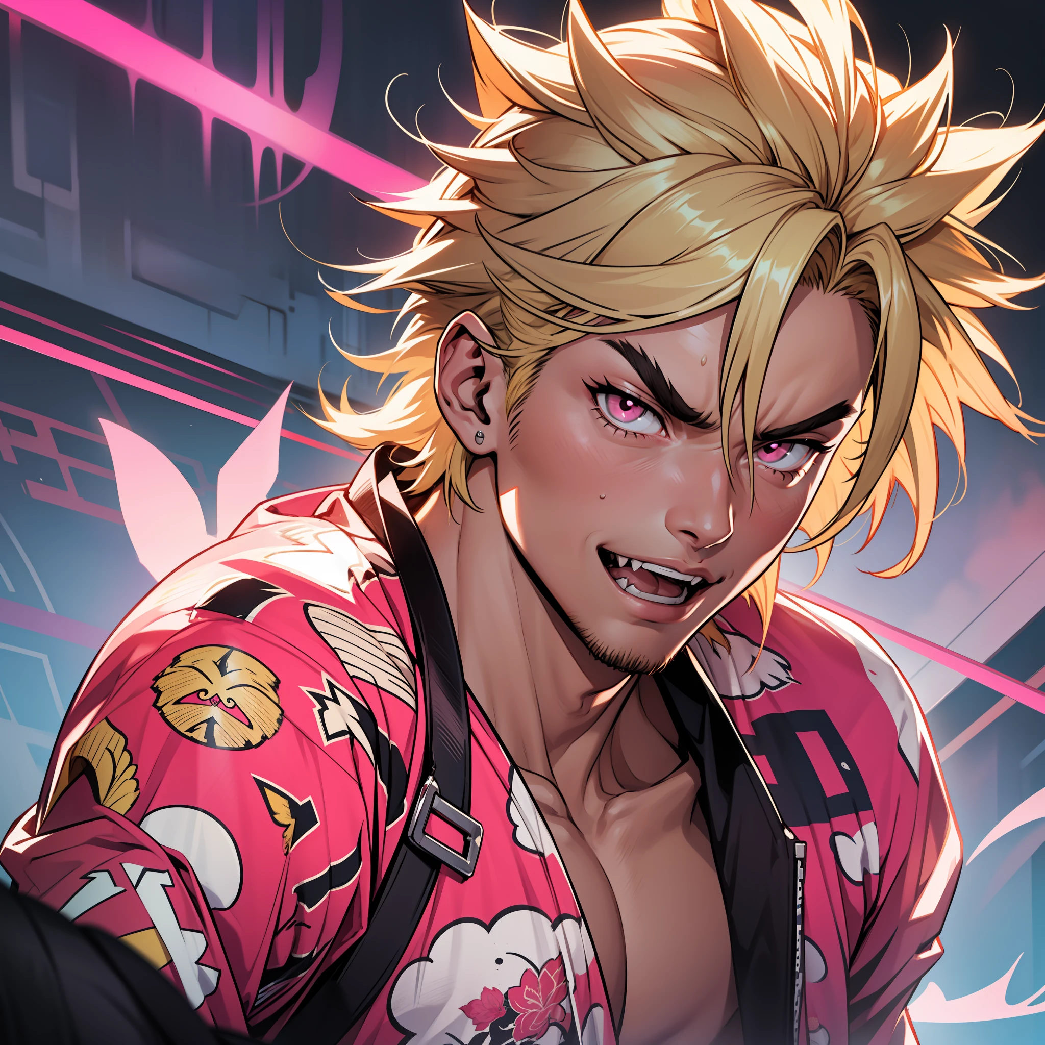 "Blonde haired boy with pink tips, Bakugou style, with goosebump hair. Dark skin, pink eyes and fangs. Serious look and dressed in Japanese wrestler costume. Posing for a fight."