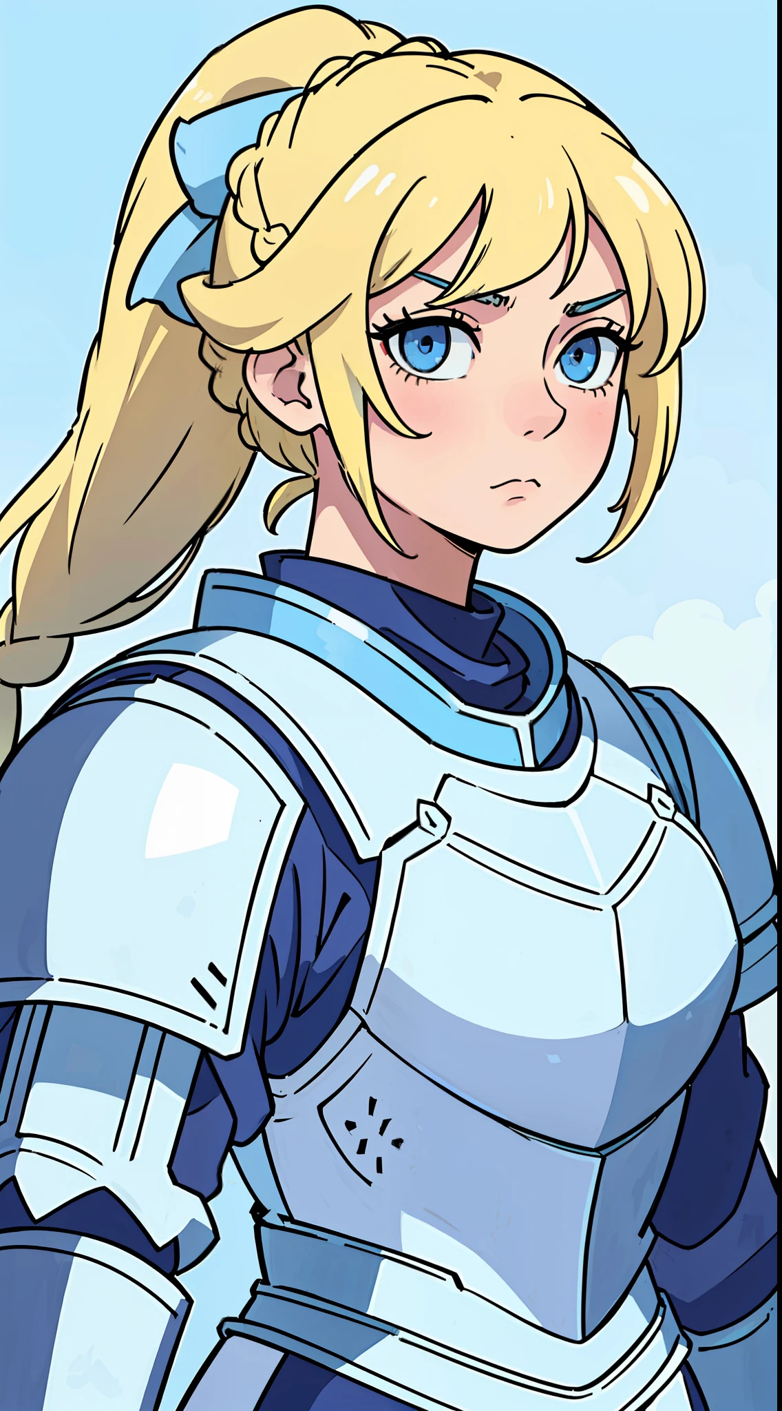 (high quality), anime style,(close-up) of a (female knight) with (light blue eyes), sporting a (braided ponytail) of (blonde hair). She looks (emotionless) while wearing (Pure White knight armour) in an (upper body shot), simple colouring, simple colour background, close up, front view