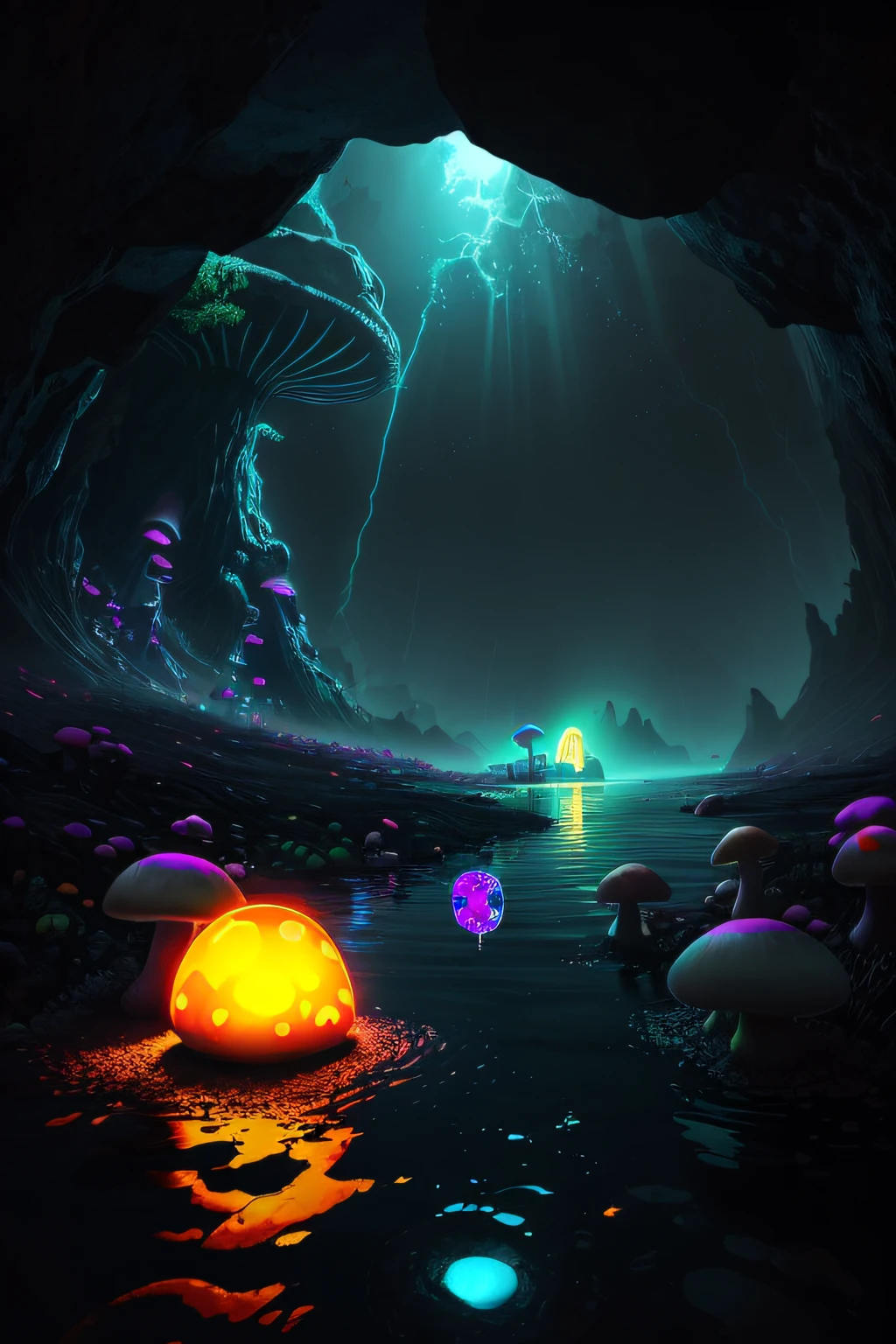 a big cave, spherical, round, (big glowing lake):1.8, no gravity, horror, dark setting, sparkle in the air, dark fog, lightning, grafiti, (skulls:1.1), (psychodelic:2), colorful, rgb, ((neon mushrooms)), gloomy mushrooms, radiant light, acid, LSD, beautiful, masterpiece, best quality, highres, 8k, (insanely detailed), reflections:1.15,