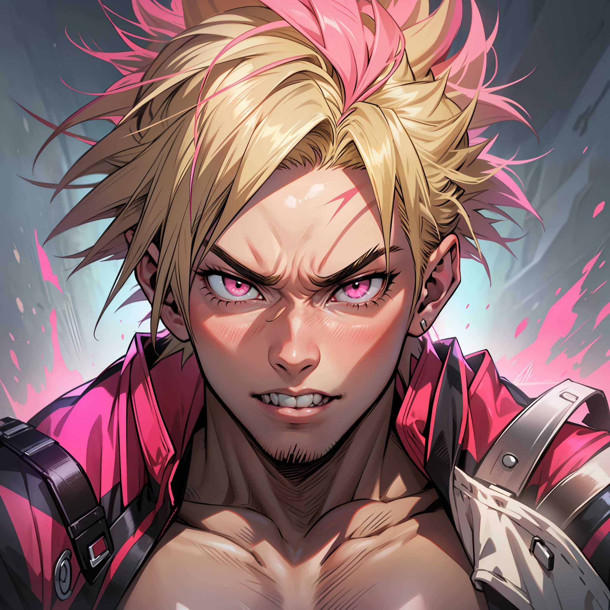 "Blonde boy with pink colored hair tips, goosebump hair, Bakugou hair, bnha style, dark skin, pink eyes, fangs, serious look, Japanese wrestler costume, fighting pose