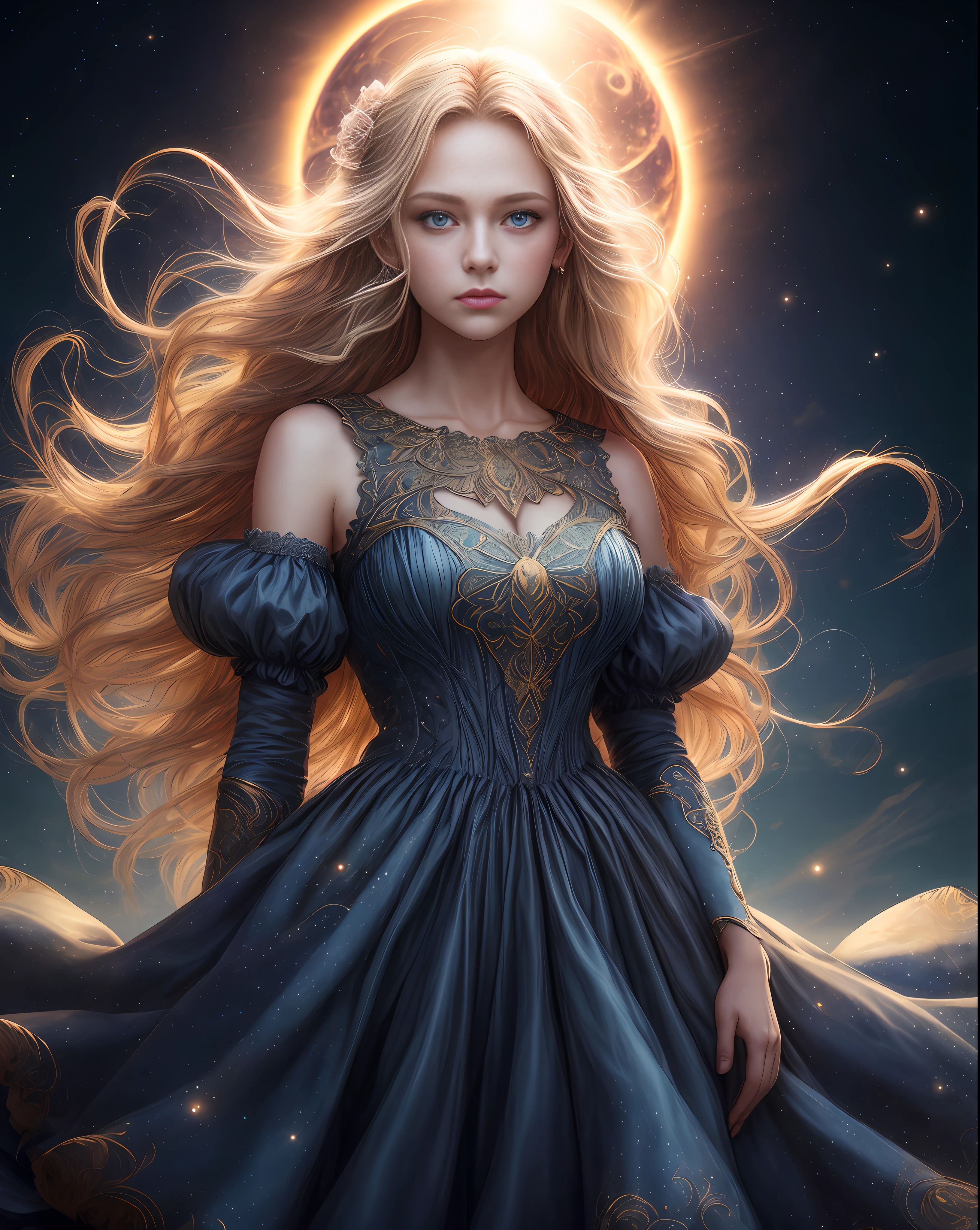 (best quality, masterpiece), young woman, pose, particle, wind, flower, upper body, night eclipse background, looking at viewer, long straight windblown blonde hair, detailded blue eyes, medieval princess blue dress, galaxy, backlit, rimlight, beautiful artwork, perfect composition