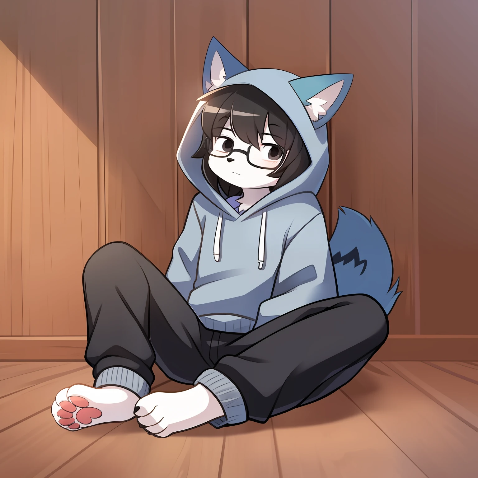 Furry, black eyes, solo, furry, furry male, minor, full body fur, fluffy fur, white paws, gray-blue fur, white fur, gray long dark blue sweatshirt, gray long black pants, black hair, black glasses, fluffy blue tail, short hair, hood, boring, serious, black hair, sweeping bangs, high detail, reference sheet