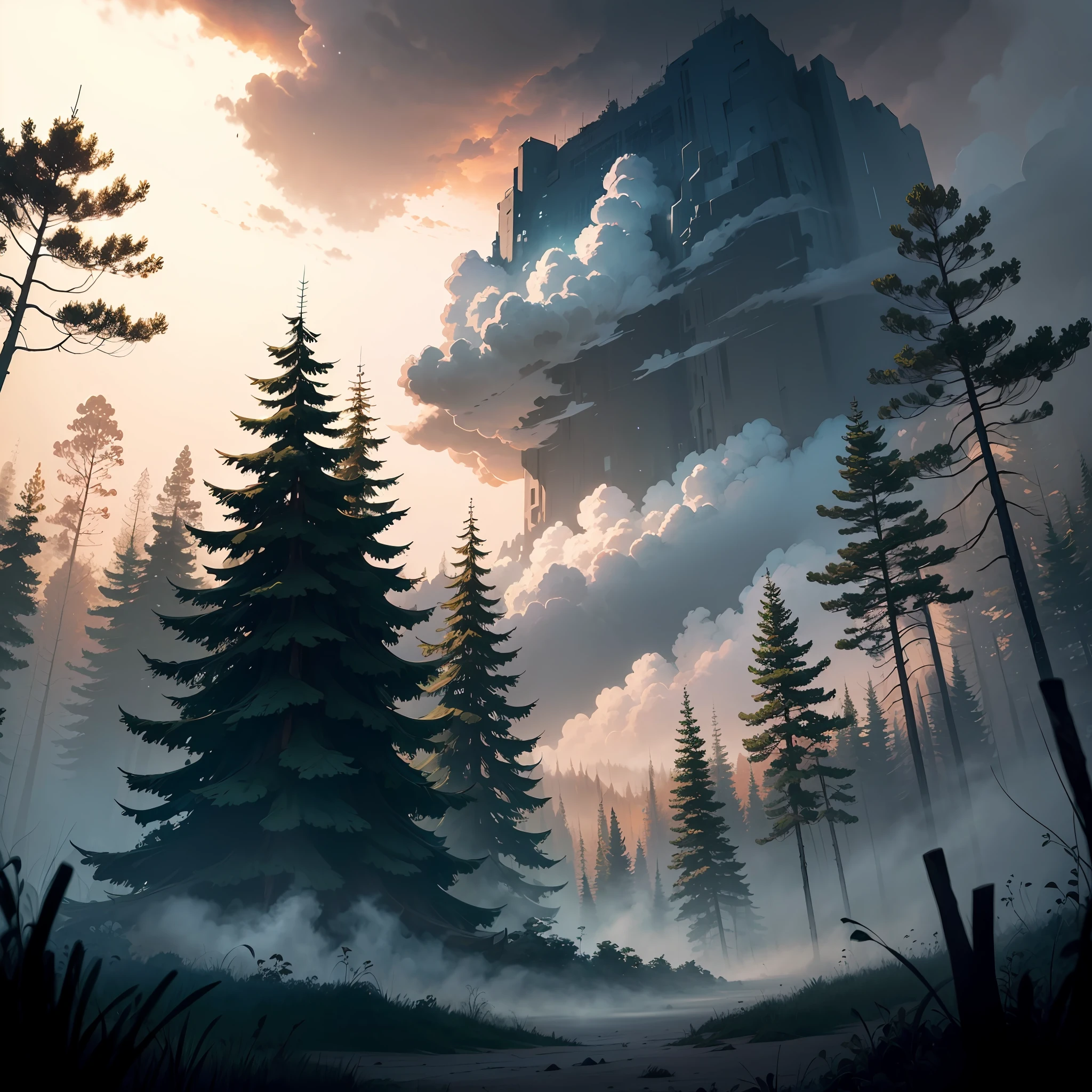 Dark forest, view from below, mist, daytime but sun blocked by mist, anime - style illustration, trigger anime artstyle, best anime 4k konachan wallpaper, anime style 4 k, digital cyberpunk anime art, demon slayer art, epic anime style, anime cyberpunk art, key anime art, high quality anime artstyle --auto