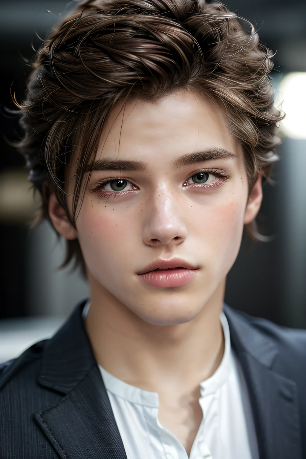 Caucasian model, close-up, masterpiece, best quality, raw photo, photorealistic, face, incredibly ridiculous, beautiful boy, cute, detailed eyes, straight hair, depth of field, high resolution, ultra detail, fine detail, very detailed, very detailed eyes and face, sharp pupils, realistic pupils, sharp focus, cinematic lighting, black hair, Clean Clothing, Face Closeup, Masterpiece, Realistic Skin Texture, Ultra Detailed, Glossy Hair and Skin, Small Face, Thick Eyebrows, Wearing a Suit