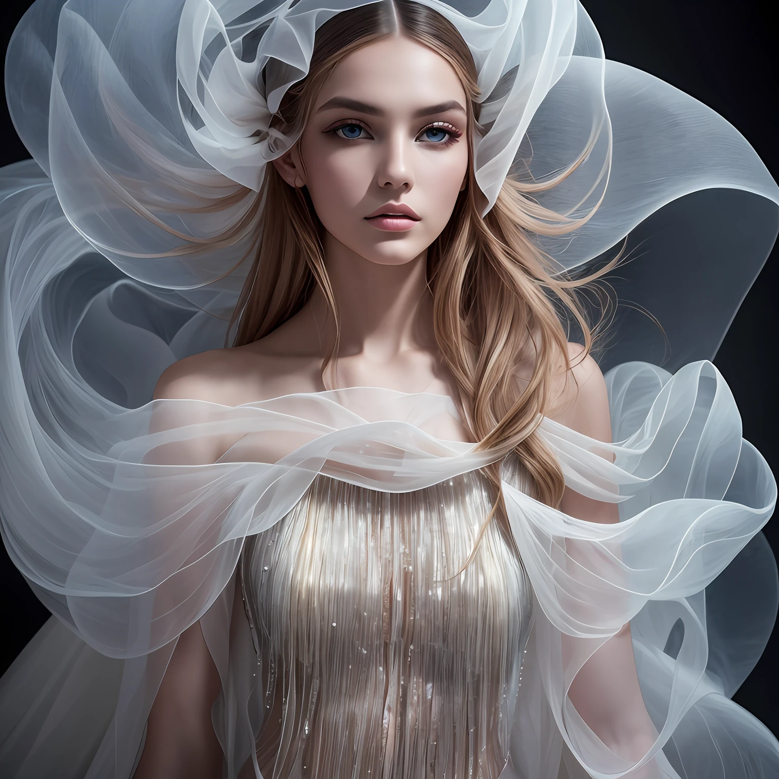surreal fashion photography, portrait of a fashion model, avant-garde fashion made of translucent flowing fabrics, telephoto lens, studio lighting
