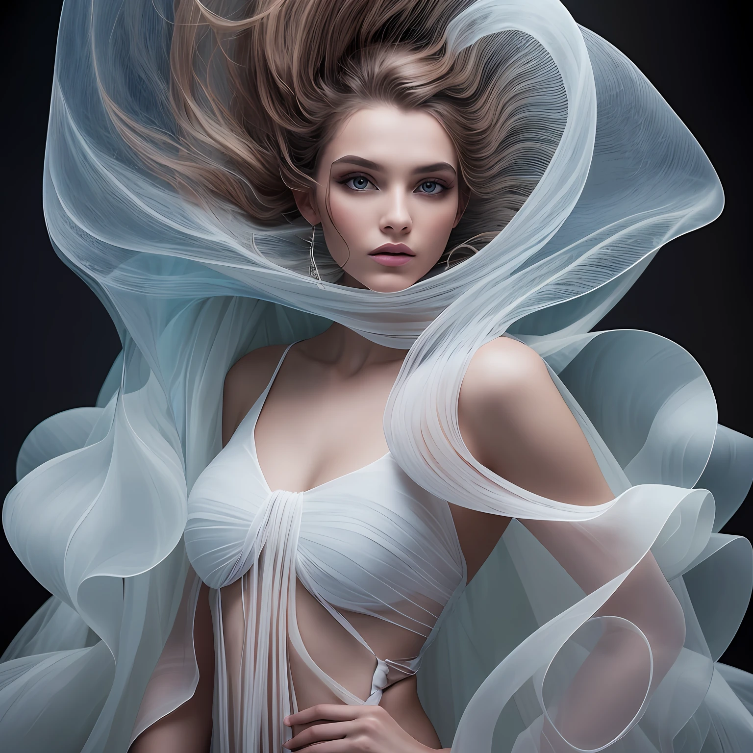 surreal fashion photography, portrait of a fashion model, avant-garde fashion made of translucent flowing fabrics, telephoto lens, studio lighting