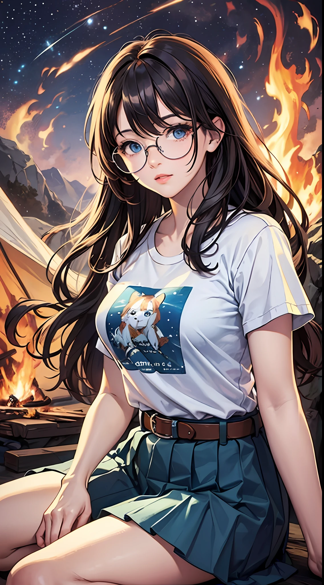 (masterpiece:1.5), illustration, 4k, 8k, (high quality:1.1), (extremely detailed),highly detailed, detailed face, HDR, vivid colors, natural lighting, (pretty eyes), beautiful face, full body, 1girl, long hair, brown hair, messy hair, hair between eyes, blue eyes, colorful eyes, glasses, round eyewear, t-shirt, pleated skirt, belt, medium breasts, sitting, outdoors, camping, tent, (campfire), rocks, flashlight, sleeping bag, (night), milky way,