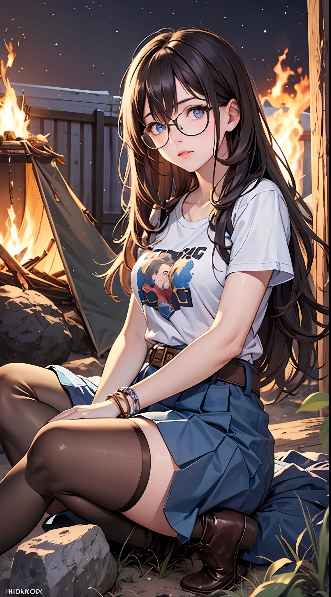 (masterpiece:1.5), illustration, 4k, 8k, (high quality:1.1), (extremely detailed),highly detailed, detailed face, HDR, vivid colors, natural lighting, (pretty eyes), beautiful face, full body, 1girl, long hair, brown hair, messy hair, hair between eyes, blue eyes, colorful eyes, glasses, round eyewear, t-shirt, pleated skirt, belt, medium breasts, sitting, outdoors, camping, tent, (campfire), rocks, flashlight, sleeping bag, (night), milky way,