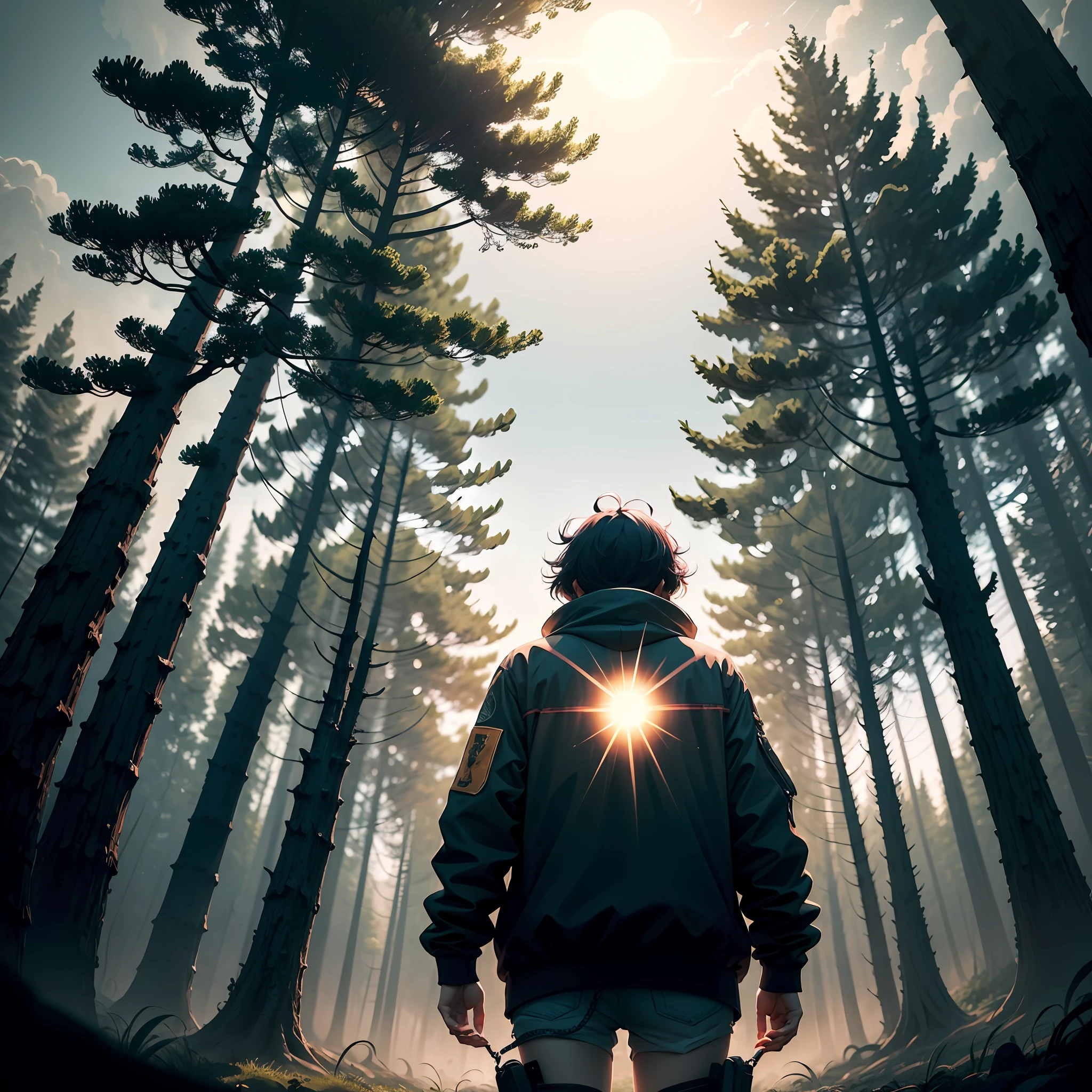 Dark forest, view from below, mist, daytime but sun blocked by mist, anime - style illustration, trigger anime artstyle, best anime 4k konachan wallpaper, anime style 4 k, digital cyberpunk anime art, demon slayer art, epic anime style, anime cyberpunk art, key anime art, high quality anime artstyle --auto