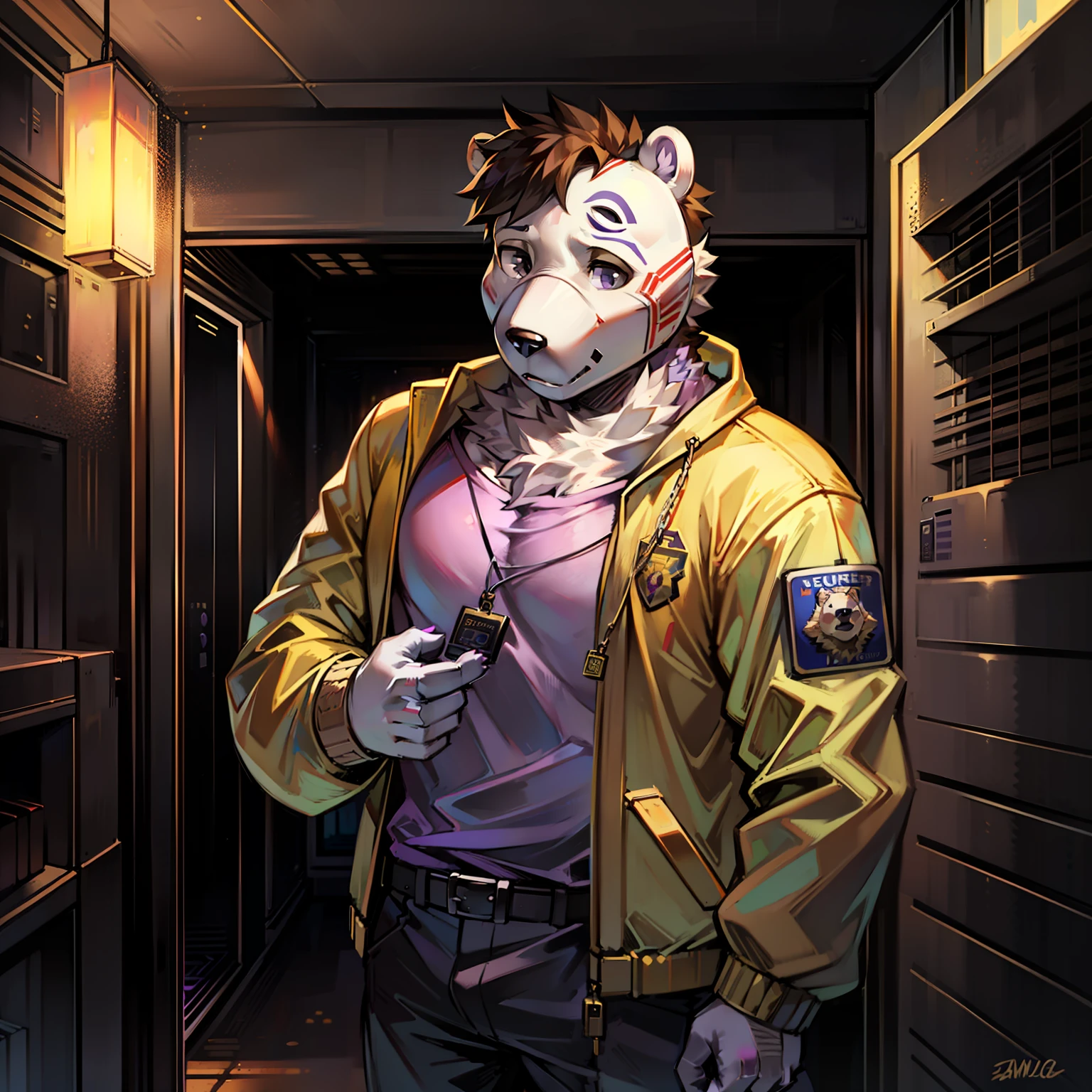 A guy with purple skin, brown hair, ((white bear mask on)) is standing in the burning security room, wearing a purple shirt, a yellow jacket, and a security badge, In his hand is a flashlight, neck and arms are bandaged.