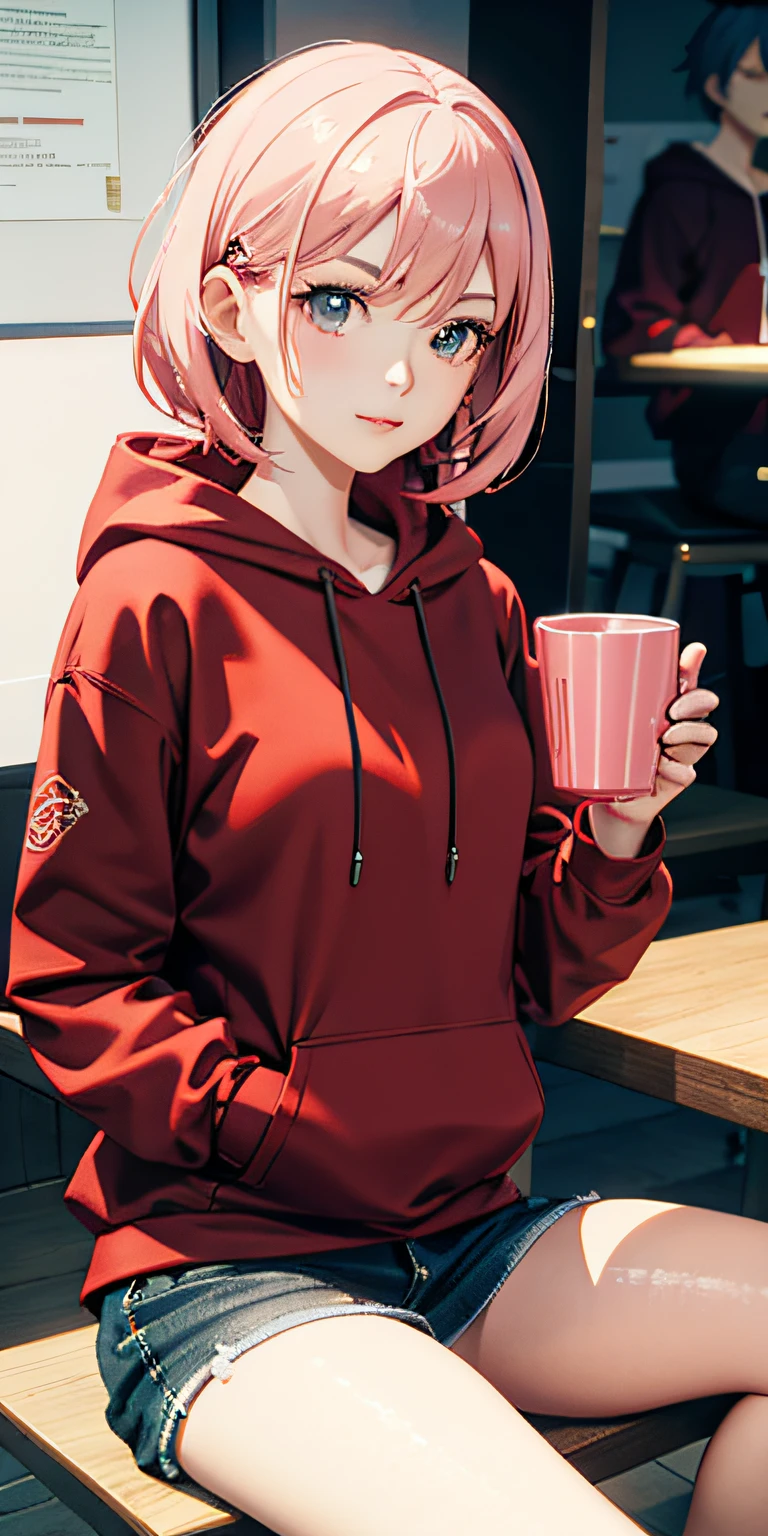 Anime characters in red hoodies sitting at a table with a cup of coffee Anime style realistic 3d anime style 8k anime, anime style 3d, realistic anime art style, in hoodies, wearing red hoodies, in anime style, light pink haired girl wearing hoodies, in anime style, anime realism style, made by anime painter studio