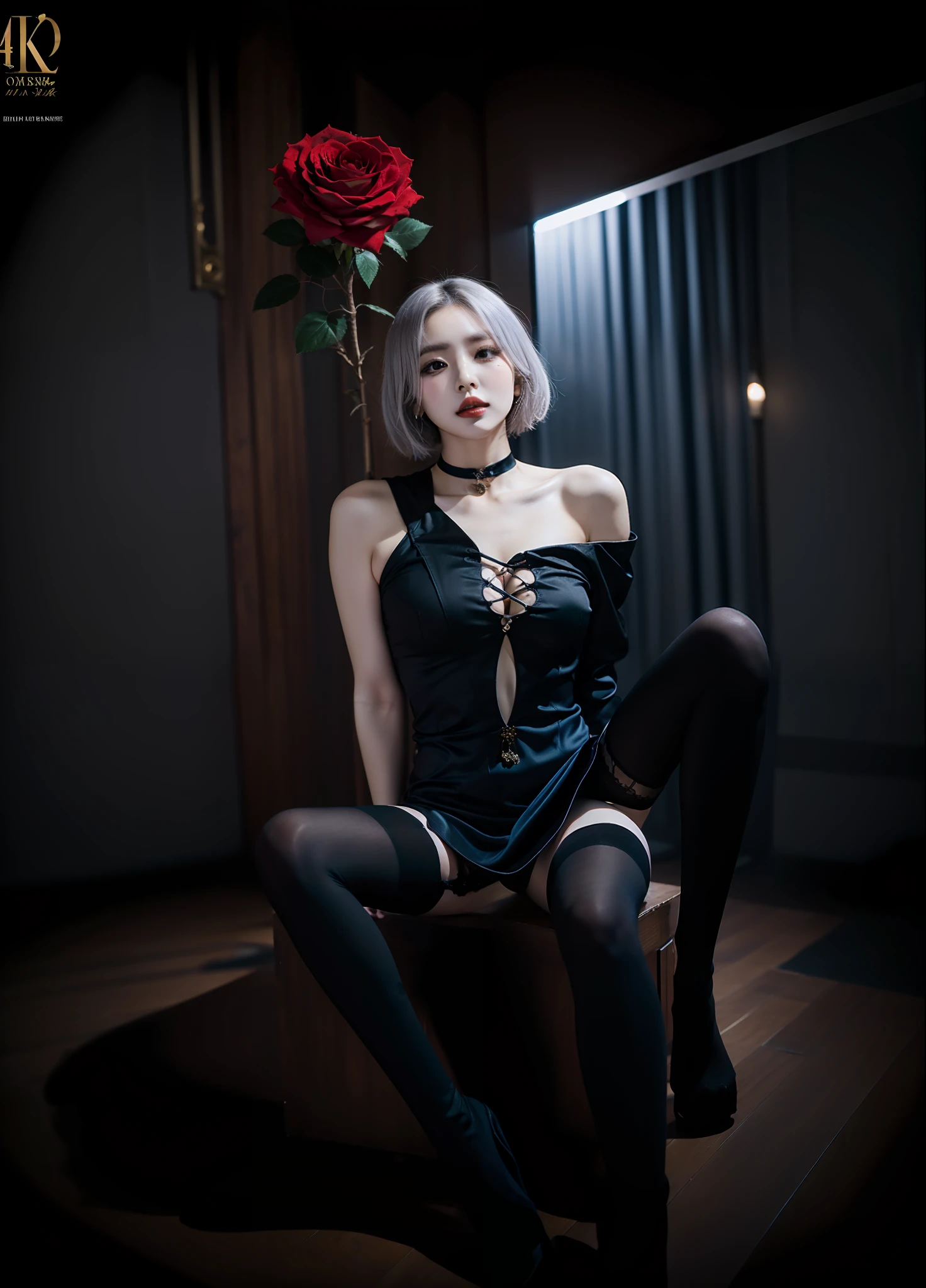"4k, full body, assassin, cos, rose, short silver hair, black cheongsam, off-the-shoulder, perfect portrait, perfect figure, noblewoman, silk satin, black stockings, black boots, sitting,