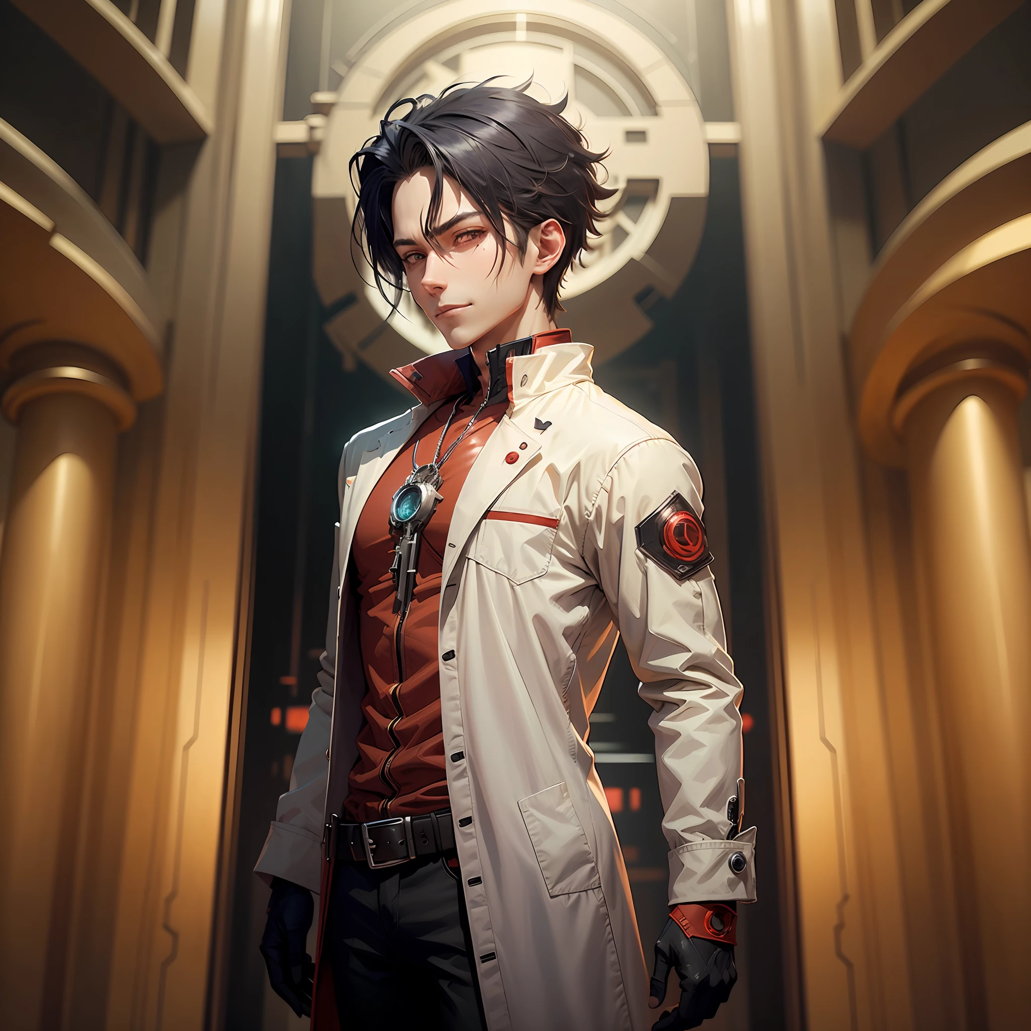 World's Greatest Scientist, 1male, teen, wearing white coat, red outline, black-red sci-fi suit inside, badass, black-red gloves, Advance Technology, Multiverse Level, Sci-fi, Circuit Board, Nanotech, Nano Machines, anime character style, looking at viewer, back view, facing a Dimension Portal, view from below, anime - style illustration of a man in a white jacket and red gloves, badass anime 8 k, trigger anime artstyle, best anime 4k konachan wallpaper, anime style 4 k, digital cyberpunk anime art, jett from valorant, handsome guy in demon slayer art, epic anime style, anime cyberpunk art, key anime art, high quality anime artstyle, excited smile, badass, mad, angry, psychopath smile, glowing eyes, deity, Mix color hair, Red hair, Black Hair, Zoldick Hairstyle --auto