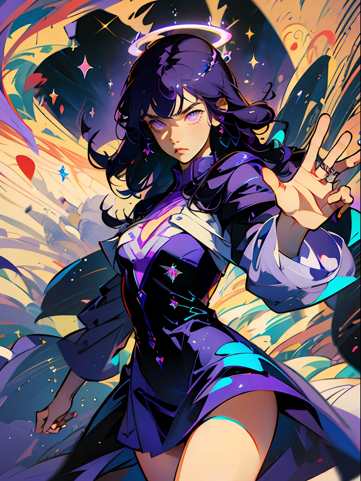 1girl, fringe, dark eyes, shadows, wearing a purple and transparent robe, woman waving her arms into the air, dark purple bubbles, dark purple wind, dark aura, glowing skin, night time, blue and purple sky, twin drills, shiny hair, halo, glowing eyes, angry, serious, evil, anime, Action painting, anime style, blurry, sparkle, motion blur, depth of field, cinematic lighting, film grain, drop shadow, Fujicolor, silhouette, speed lines, masterpiece, anatomically correct, high details, best quality, high quality, highres, shiny purple
