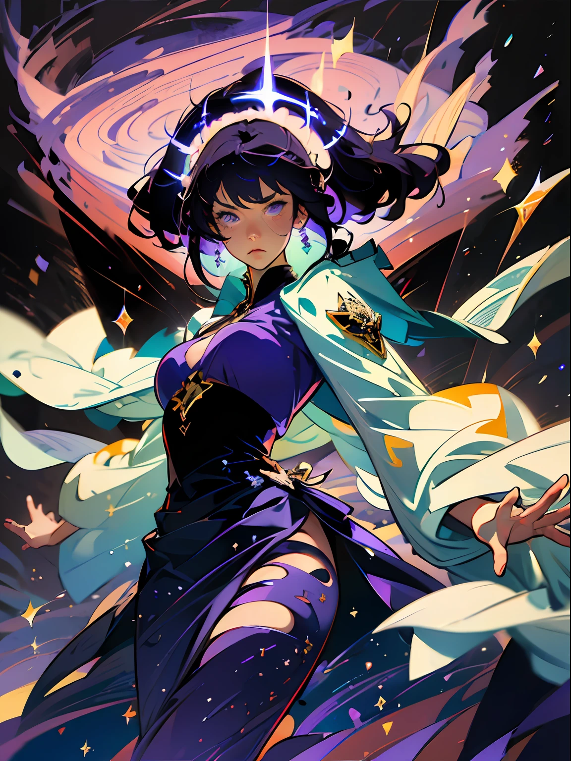 1girl, fringe, dark eyes, shadows, wearing a purple and transparent robe, woman waving her arms into the air, dark purple bubbles, dark purple wind, dark aura, glowing skin, night time, blue and purple sky, dark shadows, twin drills, shiny hair, dark halo, glowing eyes, angry, serious, evil, anime, Action painting, anime style, blurry, sparkle, motion blur, depth of field, cinematic lighting, film grain, drop shadow, Fujicolor, silhouette, speed lines, masterpiece, anatomically correct, high details, best quality, high quality, highres, shiny purple