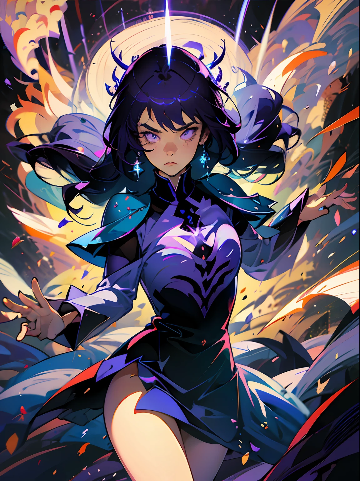 1girl, fringe, dark eyes, shadows, wearing a purple and transparent robe, woman waving her arms into the air, dark purple bubbles, dark purple wind, dark aura, glowing skin, night time, blue and purple sky, dark shadows, twin drills, shiny hair, dark halo, glowing eyes, angry, serious, evil, anime, Action painting, anime style, blurry, sparkle, motion blur, depth of field, cinematic lighting, film grain, drop shadow, Fujicolor, silhouette, speed lines, masterpiece, anatomically correct, high details, best quality, high quality, highres, shiny purple