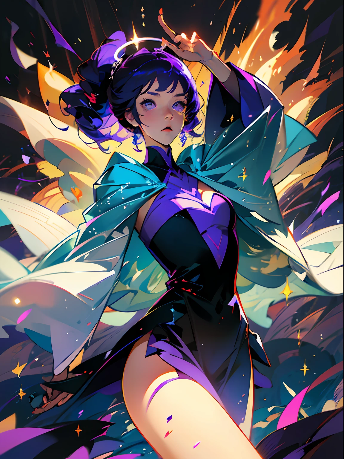 1girl, fringe, dark eyes, shadows, wearing a purple and transparent robe, woman waving her arms into the air, dark purple bubbles, dark purple wind, dark aura, glowing skin, night time, blue and purple sky, dark shadows, twin drills, shiny hair, dark halo, glowing eyes, angry, serious, evil, anime, Action painting, anime style, blurry, sparkle, motion blur, depth of field, cinematic lighting, film grain, drop shadow, Fujicolor, silhouette, speed lines, masterpiece, anatomically correct, high details, best quality, high quality, highres, shiny purple