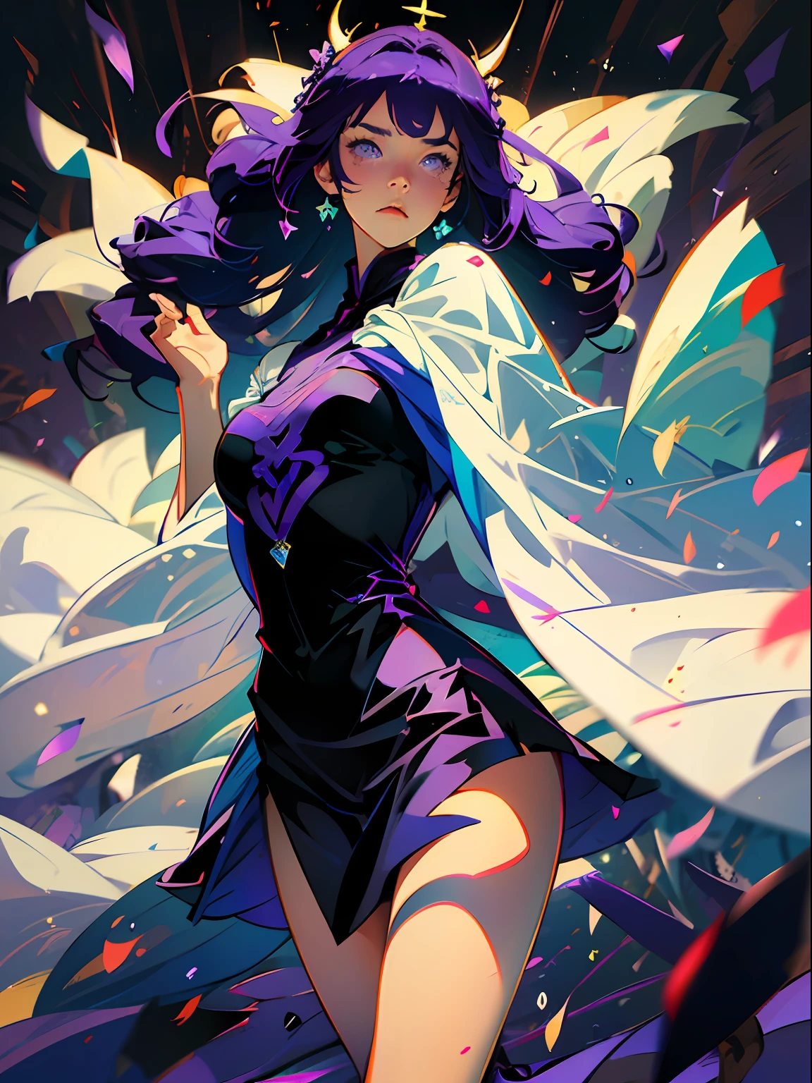 1girl, fringe, dark eyes, shadows, wearing a purple and transparent robe, woman waving her arms into the air, dark purple bubbles, dark purple wind, dark aura, glowing skin, night time, blue and purple sky, dark shadows, twin drills, shiny hair, dark halo, glowing eyes, angry, serious, evil, anime, Action painting, anime style, blurry, sparkle, motion blur, depth of field, cinematic lighting, film grain, drop shadow, Fujicolor, silhouette, speed lines, masterpiece, anatomically correct, high details, best quality, high quality, highres, shiny purple