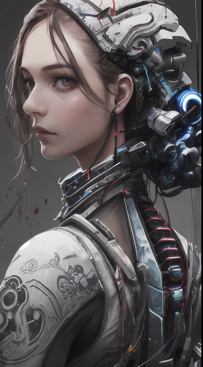 1mechanical girl,((ultra realistic details)), portrait, global illumination, shadows, octane render, 8k, ultra sharp,metal,intricate, ornaments detailed, cold colors, egypician detail, highly intricate details, realistic light, trending on cgsociety, glowing eyes, facing camera, neon details, machanical limbs,blood vessels connected to tubes,mechanical vertebra attaching to back,mechanical cervial attaching to neck,sitting,wires and cables connecting to head