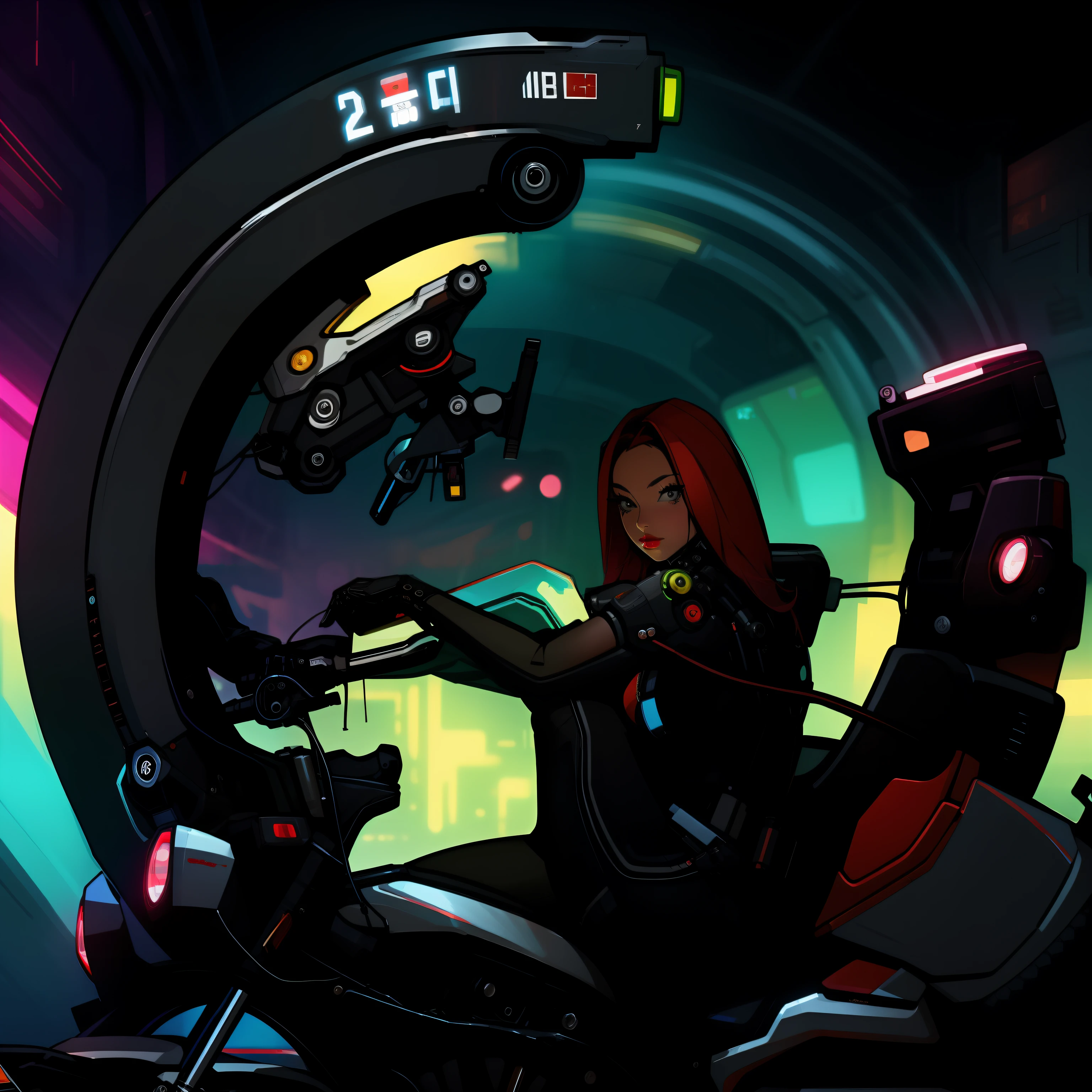there is a woman sitting on a motorcycle with a gun, beautiful cyborg girl pinup, portrait of a cyberpunk machine, cyborg girl, cyborg - girl, scifi woman, portrait of a mechanical girl, dominatrix robot, sitting on cyberpunk motorbike, sci-fi female, scifi art, cyborg woman, pregnant female cyborg, cute cyborg girl, cyberpunk women, beutiful girl cyborg