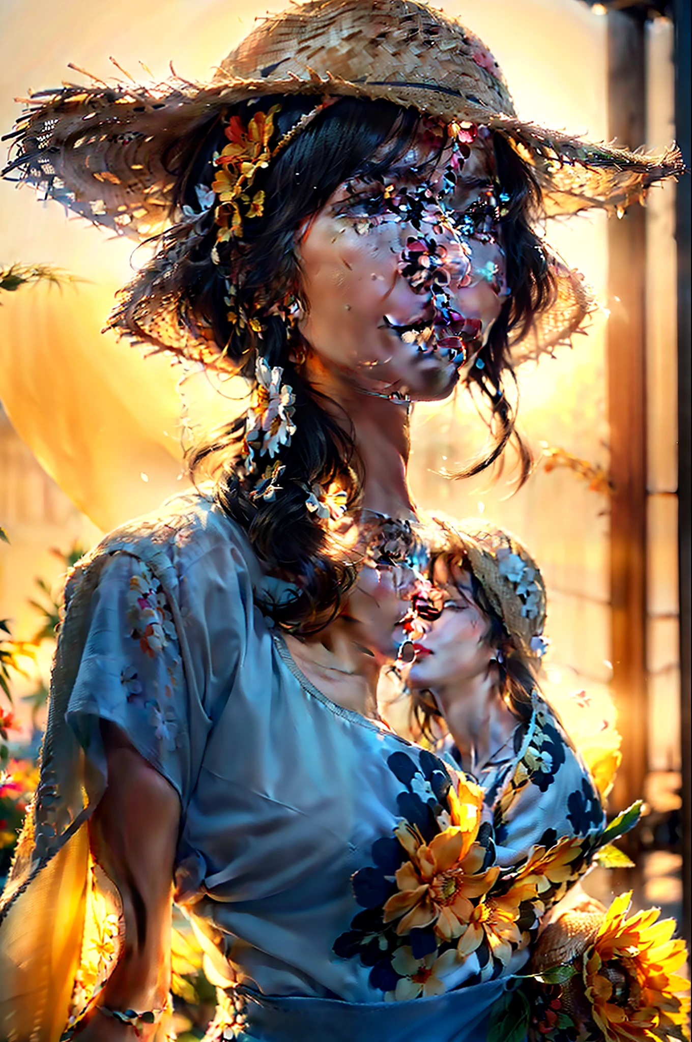 (extreme close up:1.5), (face focus:2),(Style of ???? ???:1.5),
((side face:2)),(1girl surrounded by soft_light:1.5), (backlighting:1.8), (lighting),(flowing fabric:1.3), ((Floral_summer_dress:1.5),(Straw_hat:1.3)),
(masterpiece), realistic, HDR, highly detailed, 8k, raw photo,
ambient occlusion, natural, harmonious composition, warm tones, fine art photography,