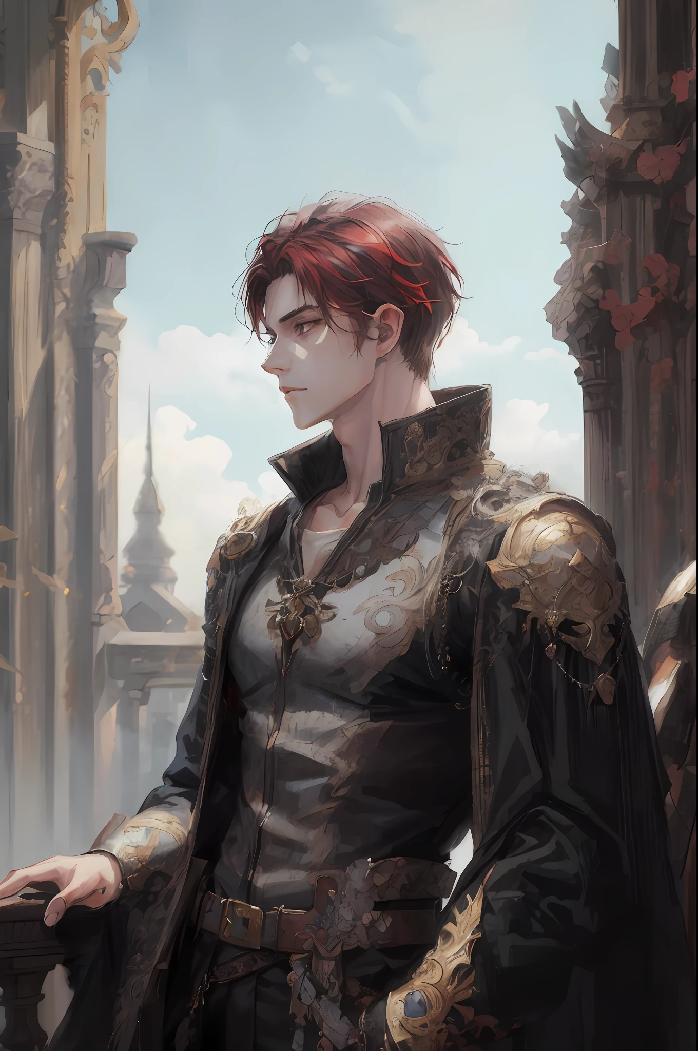 there is a man with a red hair and a black jacket, beautiful androgynous prince, delicate androgynous prince, artwork in the style of guweiz, handsome guy in demon slayer art, fantasy male portrait, renaissance prince, a portrait of a male elf, highly detailed exquisite fanart, in the art style of bowater, by Yang J, handsome prince