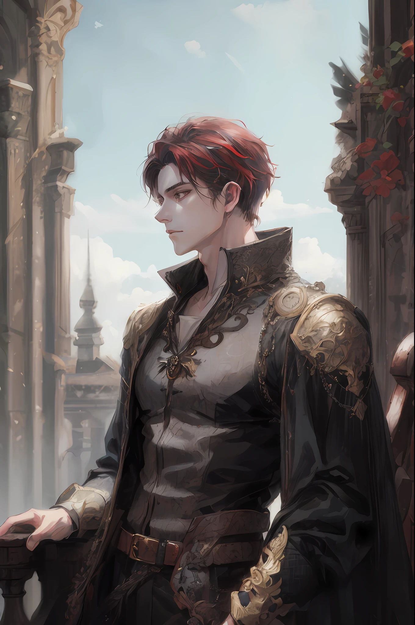 there is a man with a red hair and a black jacket, beautiful androgynous prince, delicate androgynous prince, artwork in the style of guweiz, handsome guy in demon slayer art, fantasy male portrait, renaissance prince, a portrait of a male elf, highly detailed exquisite fanart, in the art style of bowater, by Yang J, handsome prince