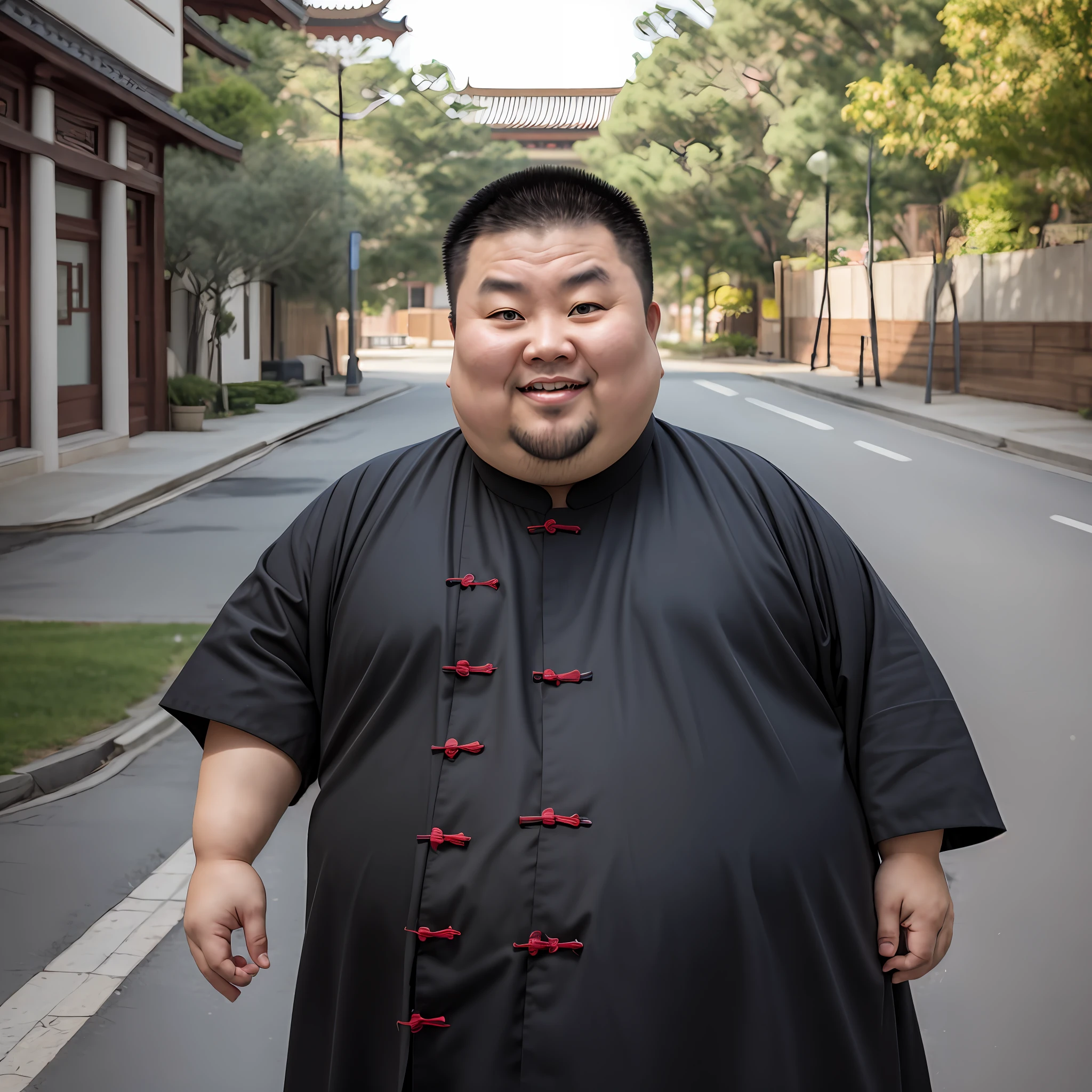 Fat Chinese man with shaolin outfit looking forward in front portrait, very realistic in 4K image, 35mm lens in front portrait