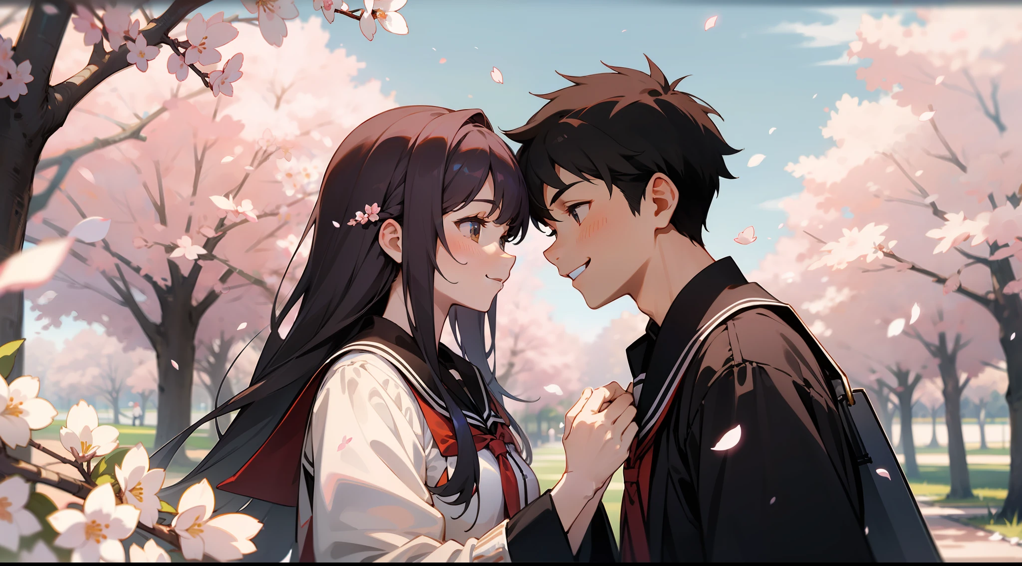 Upper body, vista, panorama, a boy and a girl, looking at each other, smiling, student uniform, smiling, cherry blossoms, petals, sky, campus