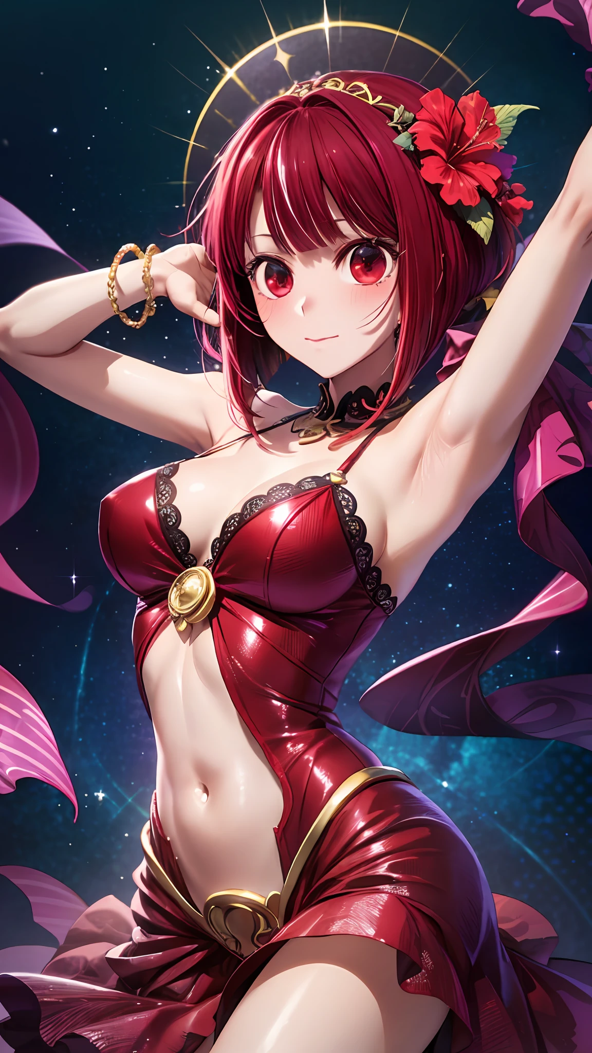 arima kana \(oshi no ko\), kana arima, dancer, belly dance, pareo, southern, hibiscus, night, red hair, short hair, red eyes, sea, hawaii, 1girl (masterpiece) (best quality) (shiny hair) (shiny skin), lace, red dress, sexy, ssr, ur, officialart, Dynamic Pose