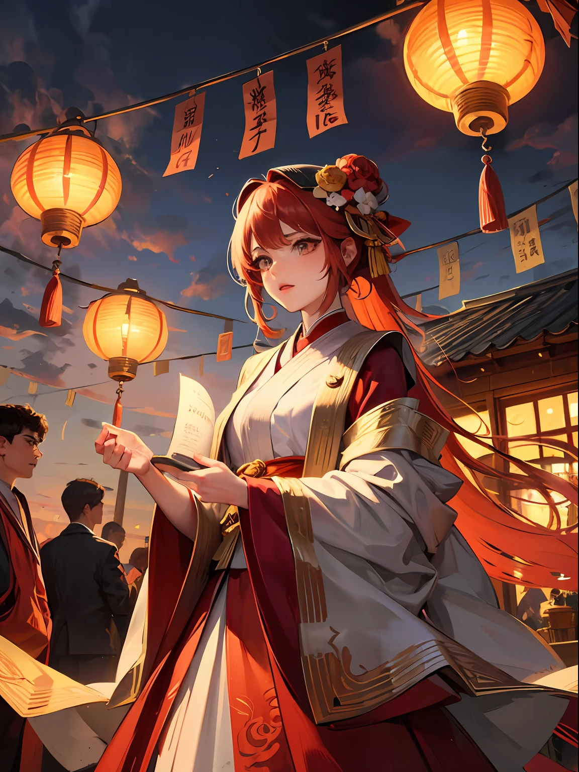 National tide girl, ancient style girl, surrounded by clouds, red elements, two-dimensional, surrounded by lanterns, --auto