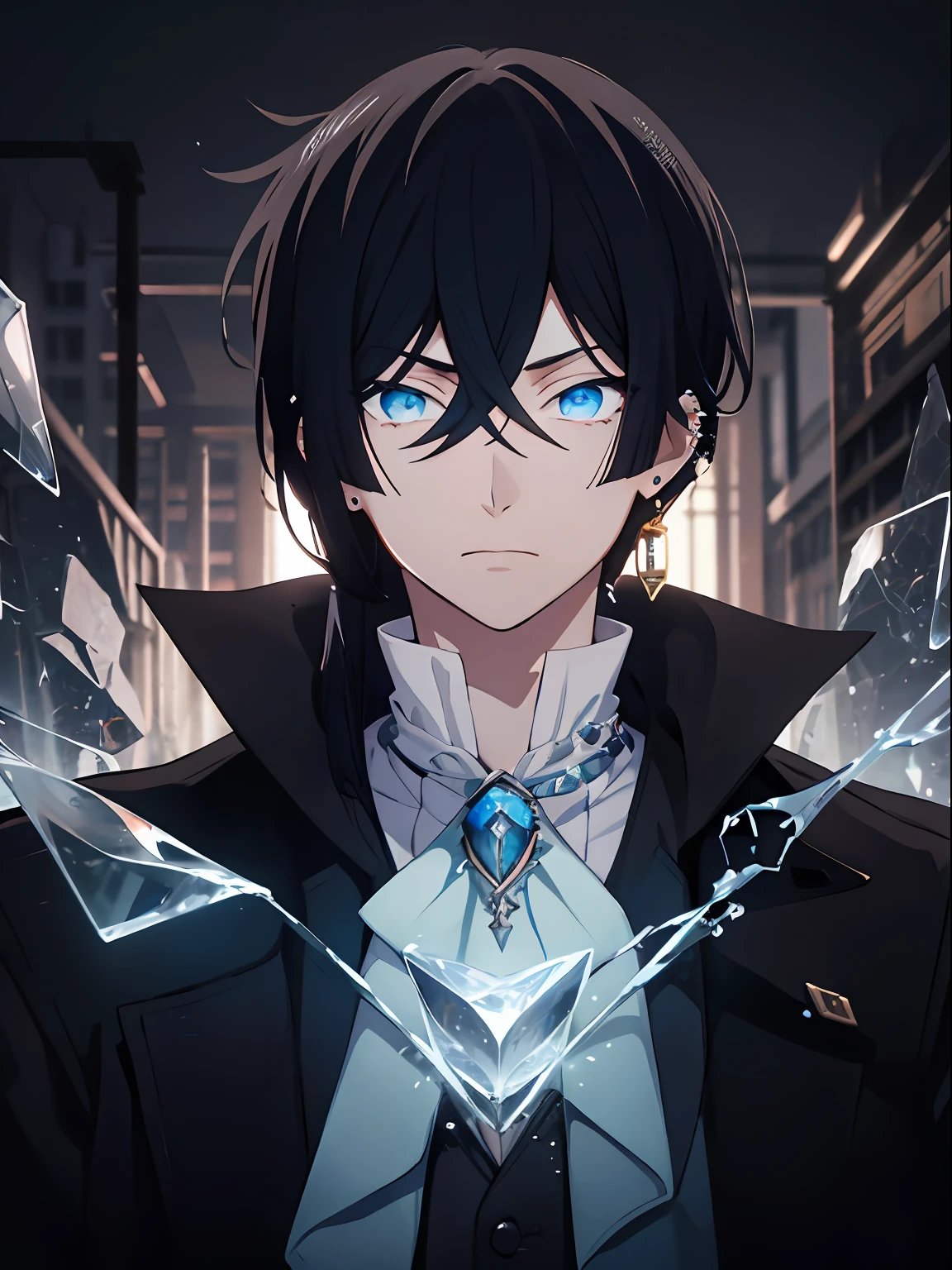 (masterpiece: 1.2, best quality), (finely detailed beautiful eyes: 1.2), (detailed background, ダークファンタジー), (beautiful detailed face), high contrast, (better lighting, extremely subtle and beautiful), ((cinematic light)), colorful, hyper-detailed, dramatic light, intricate details, (looking at the viewer, gloves, hair between eyes, jewelry, male focus, earrings, sword, coat, ascot white ascot), swirling black light around the character, depth of field, black light particles, blood, (broken glass), magic circle, ((1boy)), ((black hair))