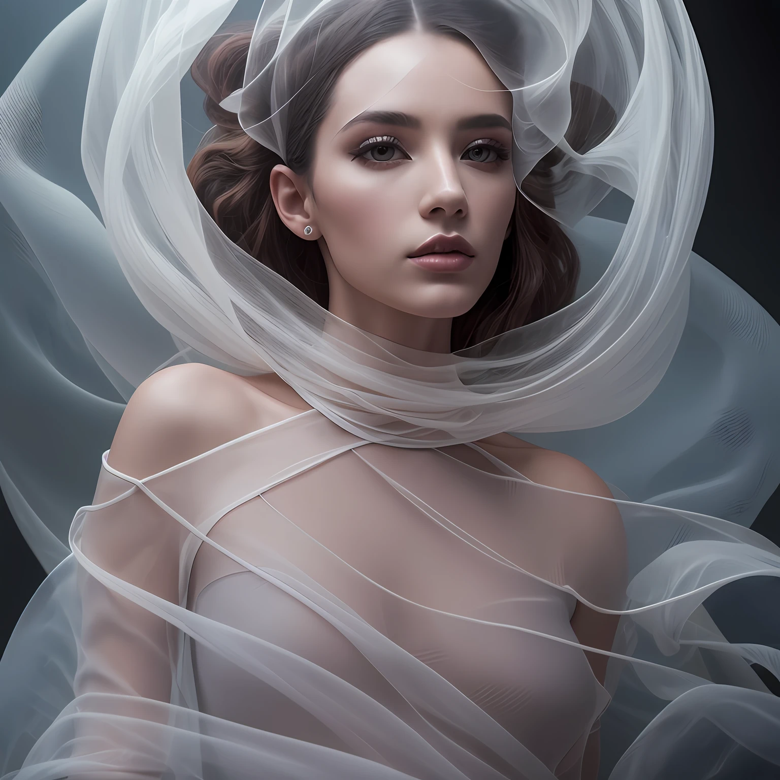 Surreal fashion photography, portrait of a woman, avant-garde fashion in translucent flowing fabrics, telephoto lens, studio lighting, 4K, Canon EOS R3 (and variations of this)