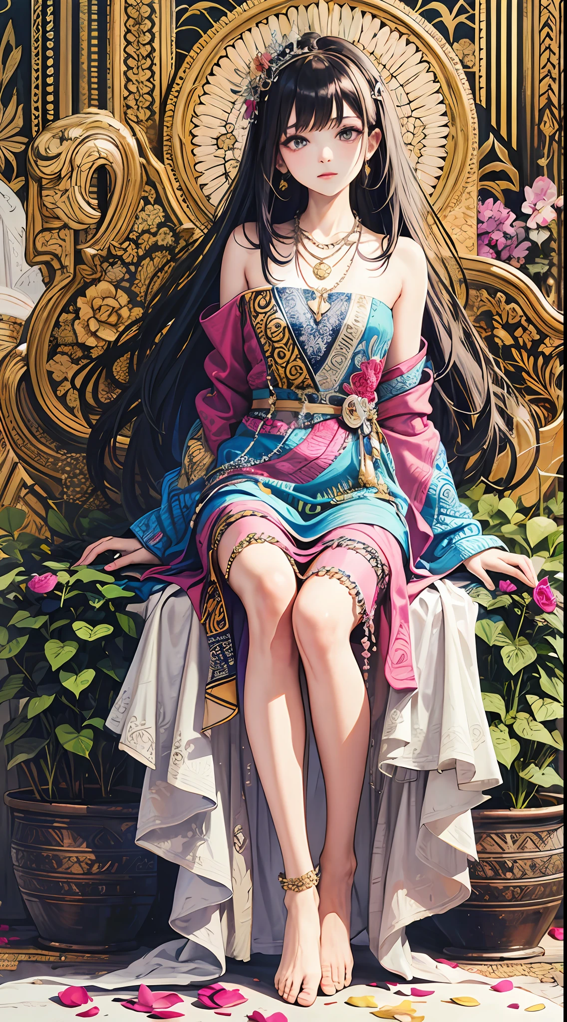 (masterpiece, high quality, highres,Highest picture quality), (Master's work),
flat color, (colorful:1.1), (negative space:1.0),Tyndall Effect,light background, [(white background:1.2)::3],flower,petals,(zentangle:1.3),
1girl,solo,solo focus,classical,noble,princess,collarbone, necklace,ornament,(blush:0.5),dress,  (wet, wet clothes, wet hair:0.8),
bare shoulders, bare back, shiny skin, shiny hair, long hair,barefoot, bare legs,